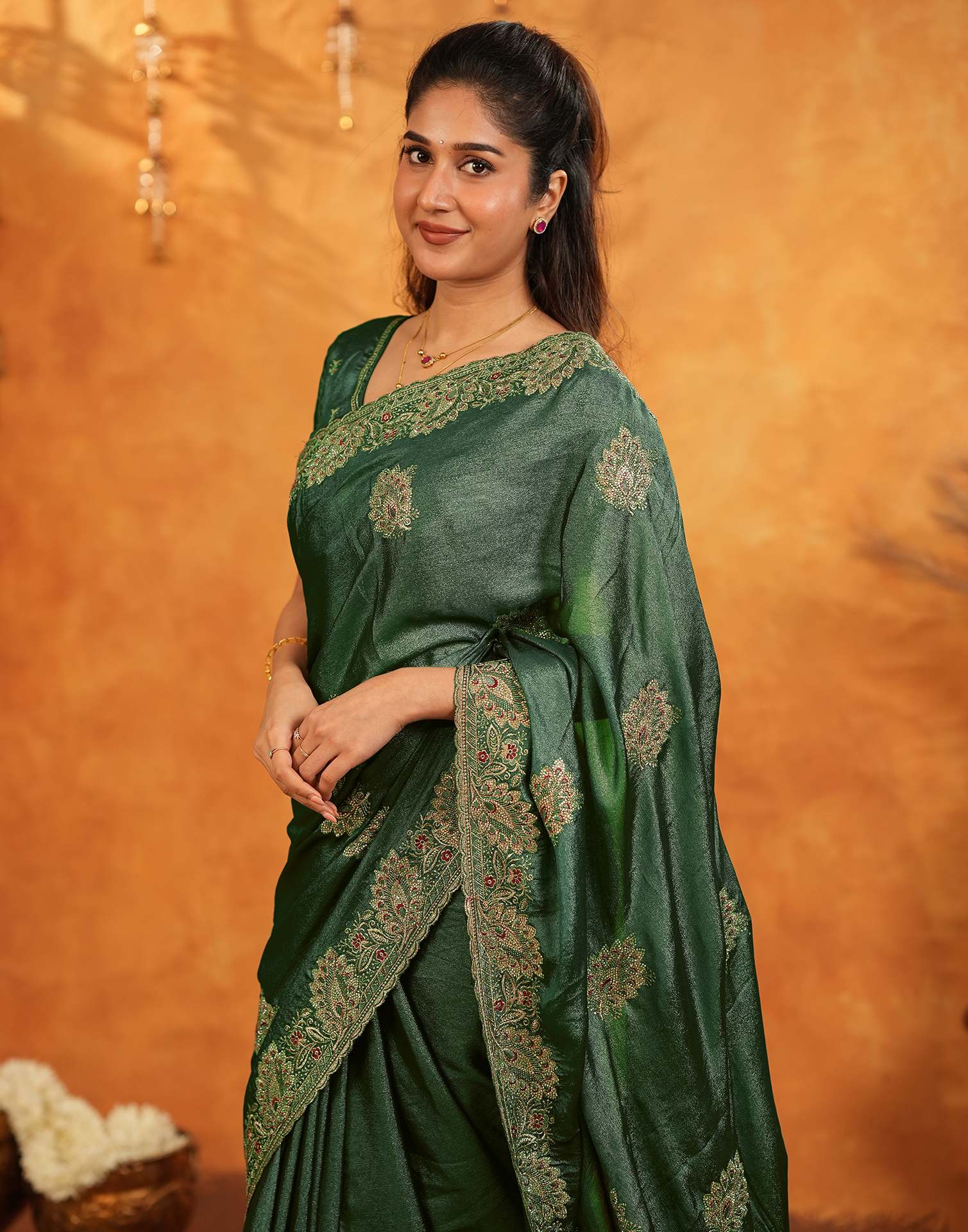 Green Vichitra Silk Stone Work Embroidery Saree - Image 10