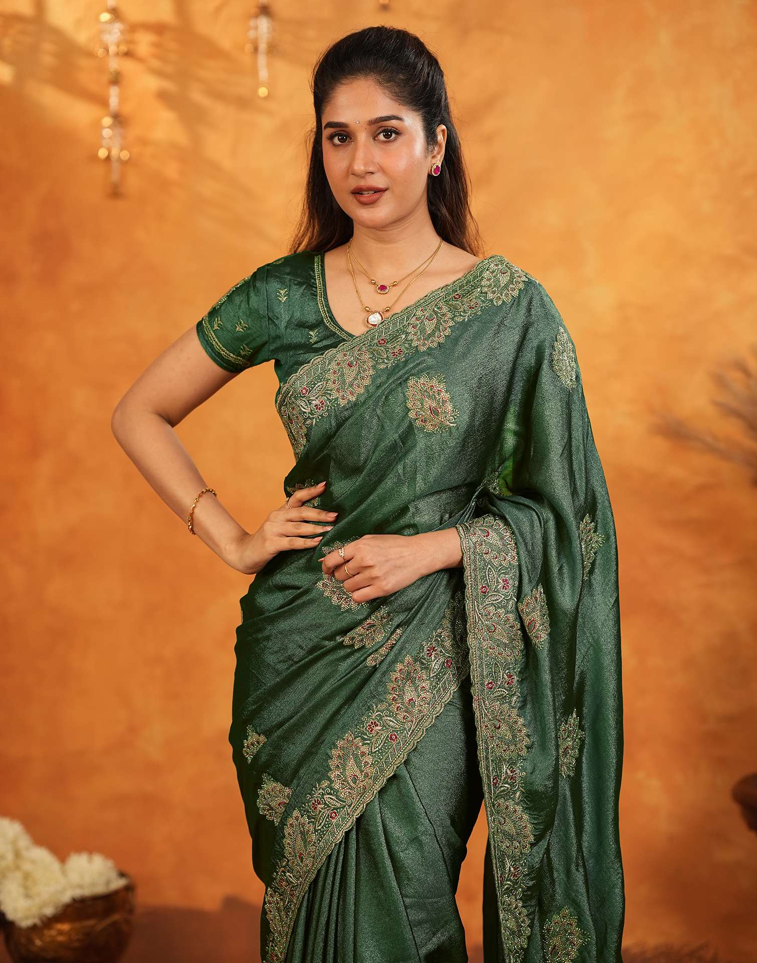Green Vichitra Silk Stone Work Embroidery Saree - Image 4