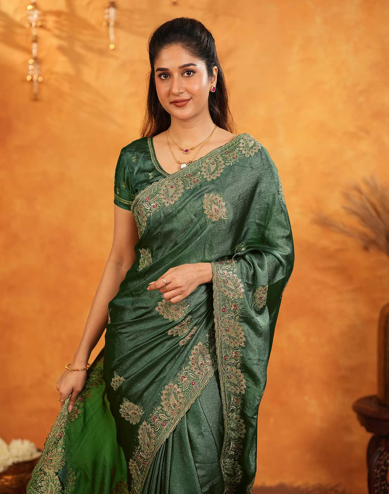 Green Vichitra Silk Stone Work Embroidery Saree - Image 5