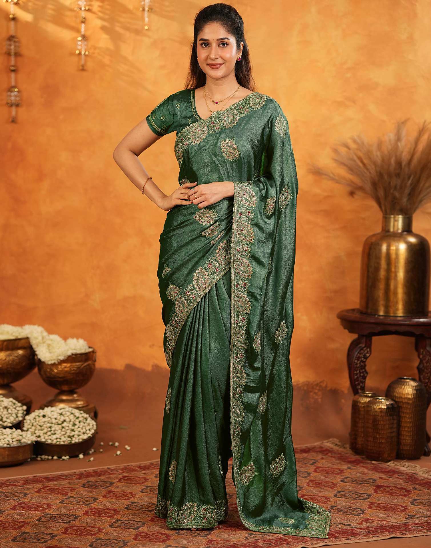 Green Vichitra Silk Stone Work Embroidery Saree - Image 8