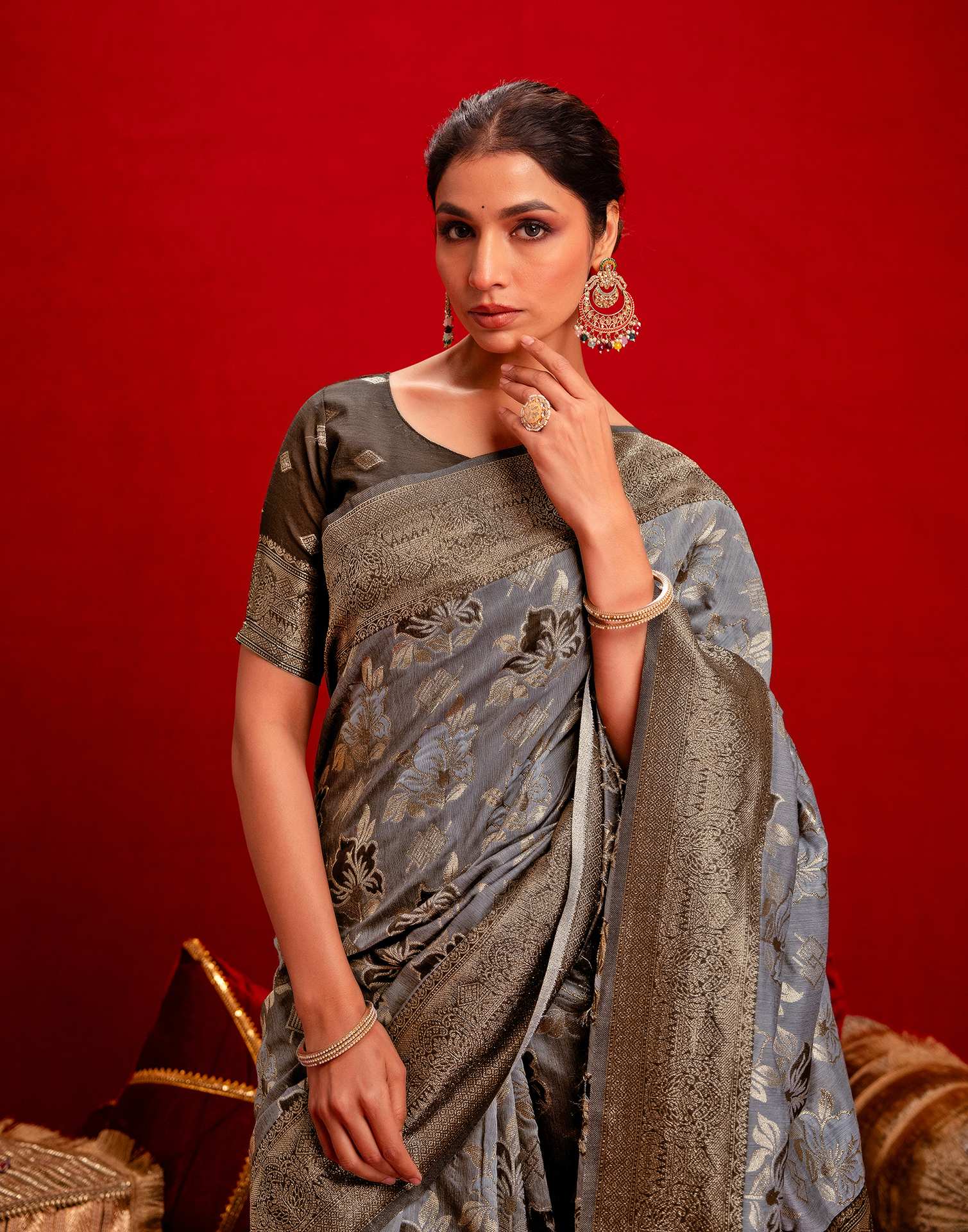 Grey Chanderi Cotton Woven Banarasi Saree - Image 4