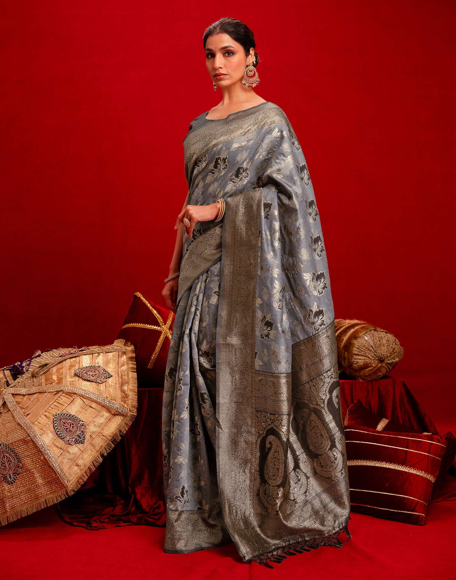Grey Chanderi Cotton Woven Banarasi Saree - Image 5
