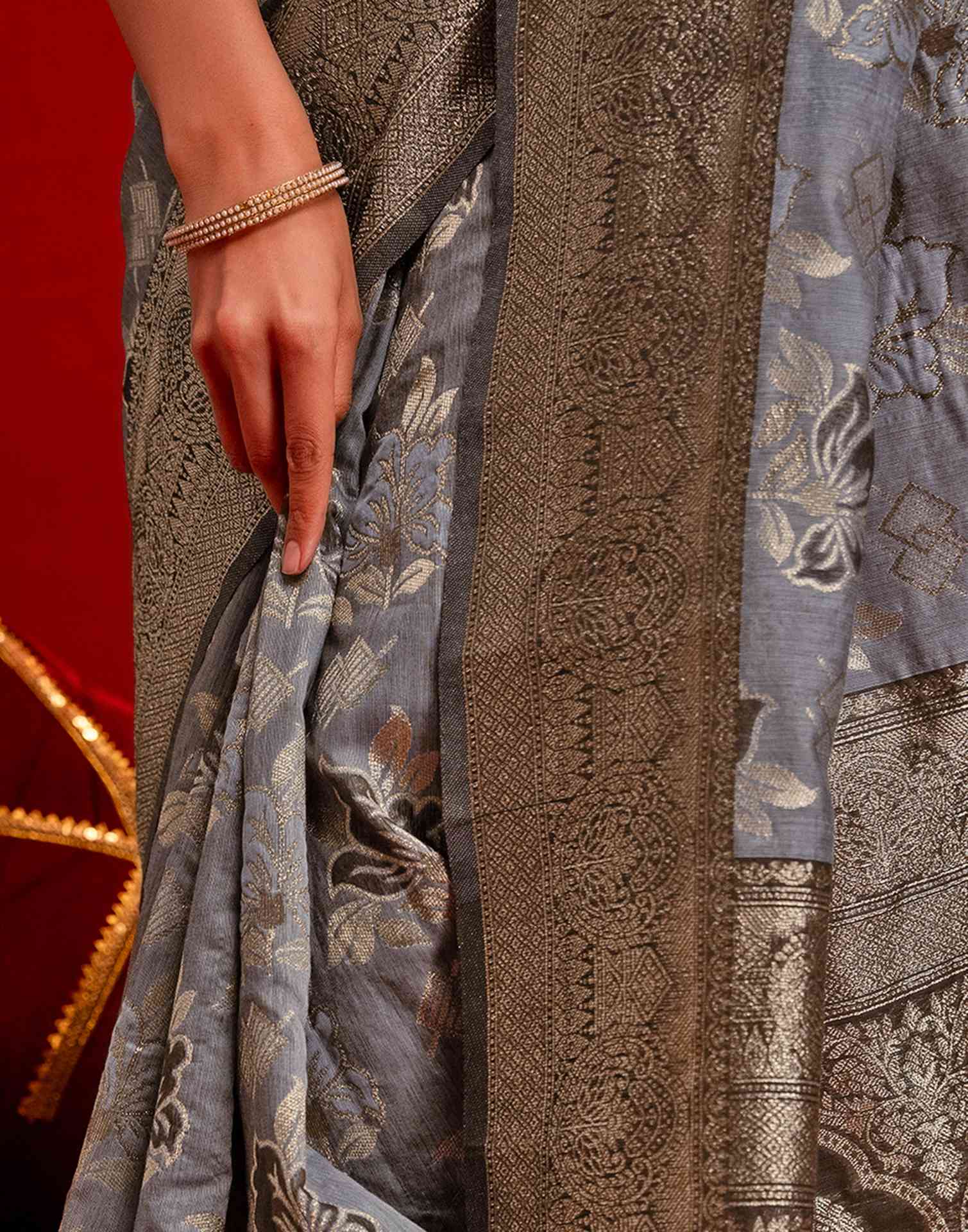 Grey Chanderi Cotton Woven Banarasi Saree - Image 9
