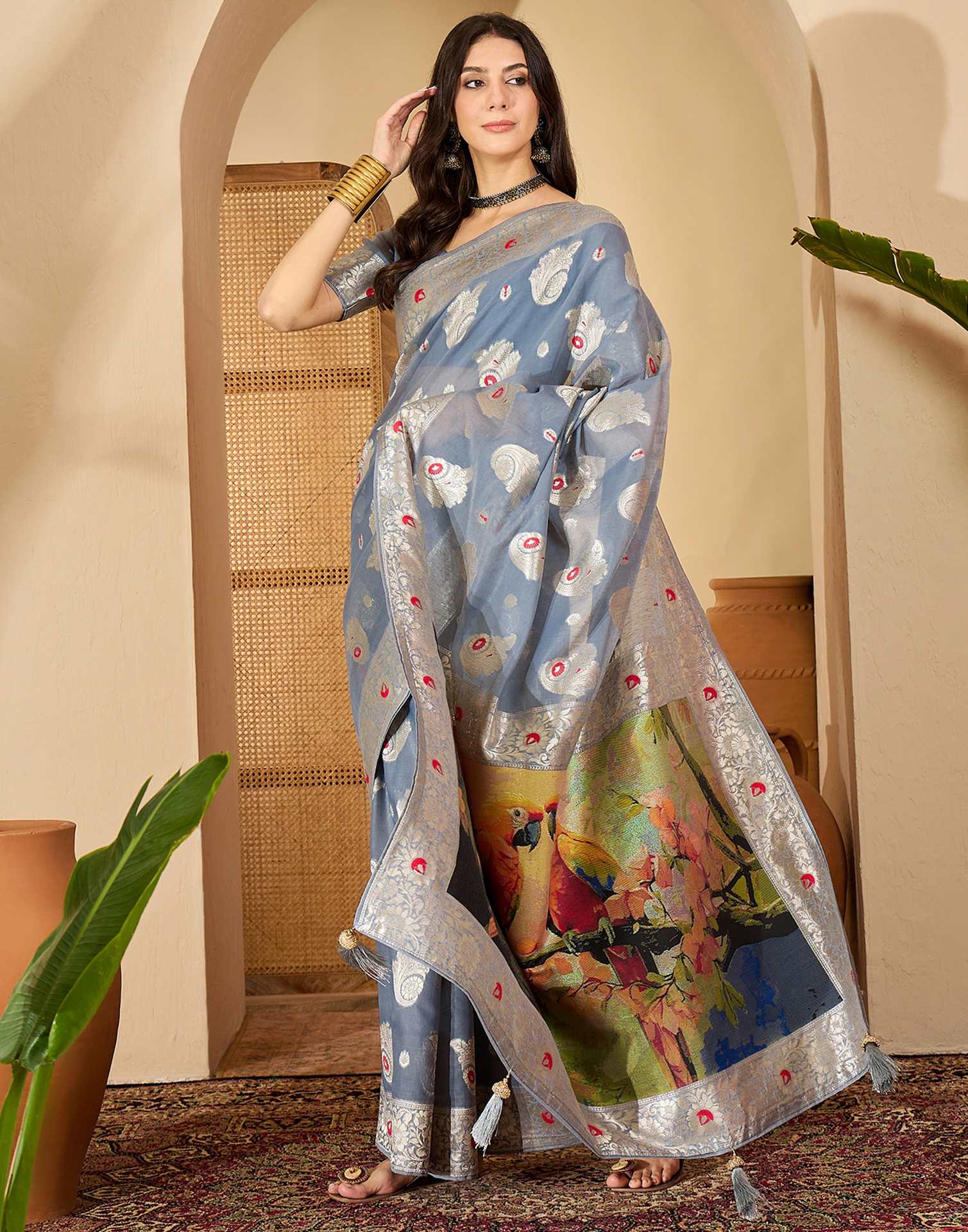 Grey Chanderi Woven Banarasi Saree - Image 6