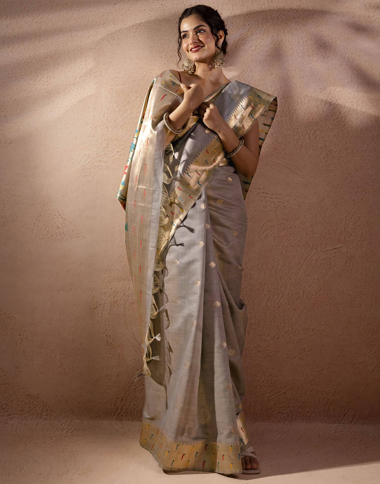 Grey Chanderi Cotton Woven Paithani Saree - Image 6