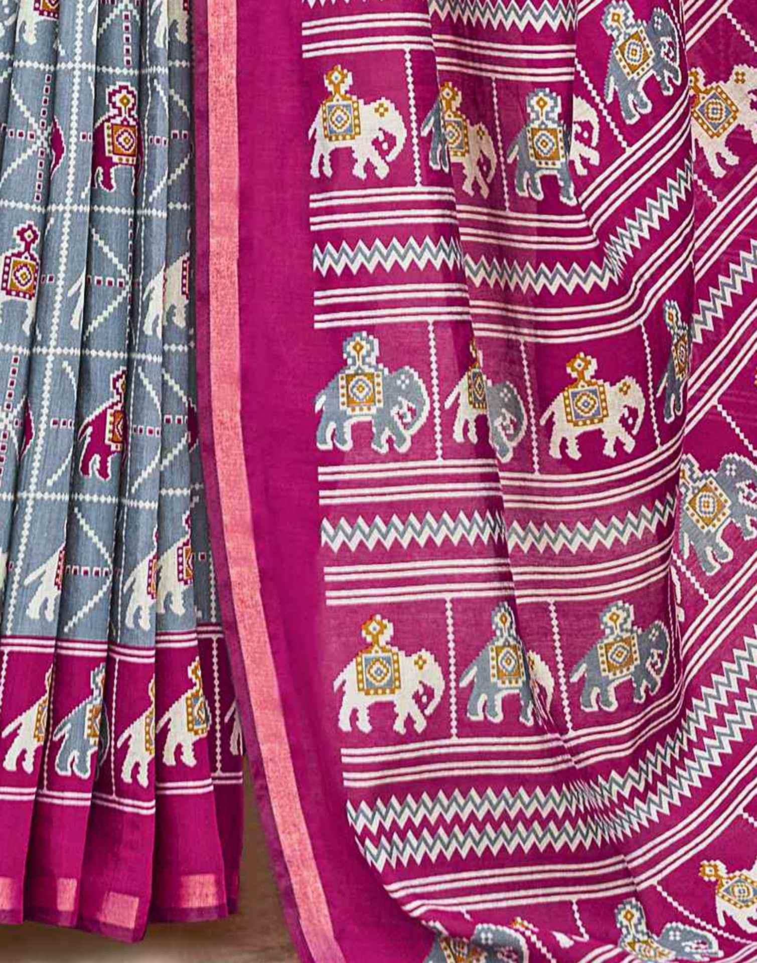 Grey Cotton Printed Patola Saree - Image 5