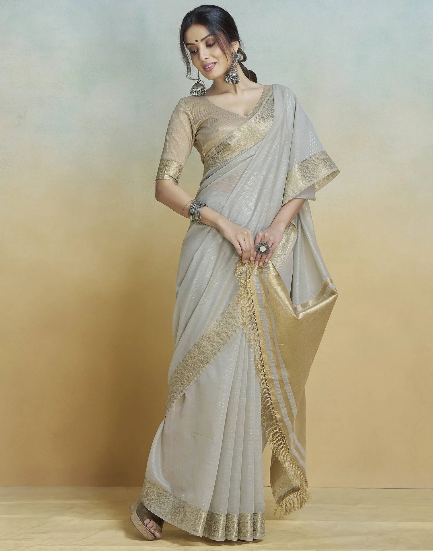 Grey Cotton Woven Zari Stripe Saree