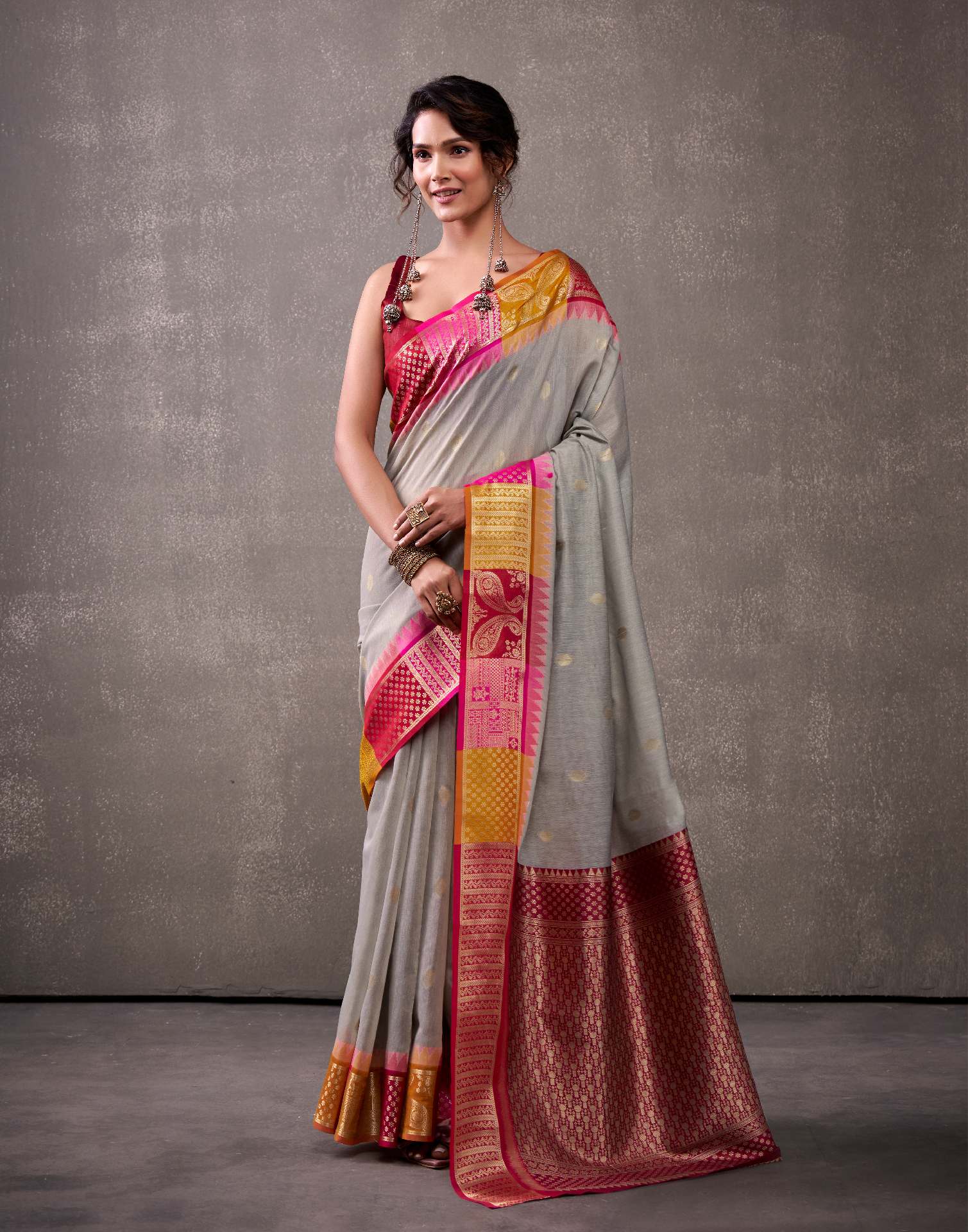 Grey Cotton Woven Banarasi Saree - Image 4
