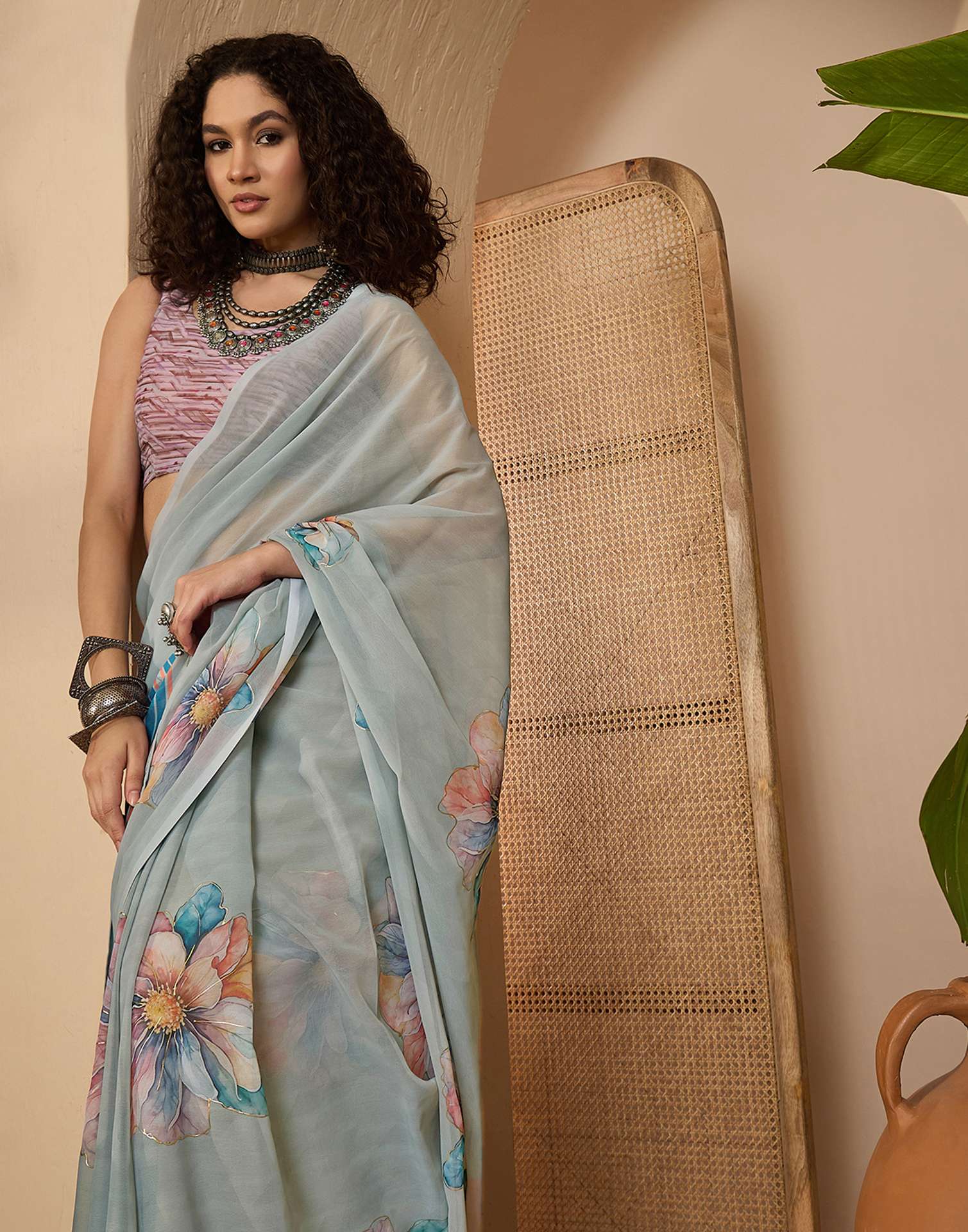 Grey Georgette Floral Printed Saree - Image 7