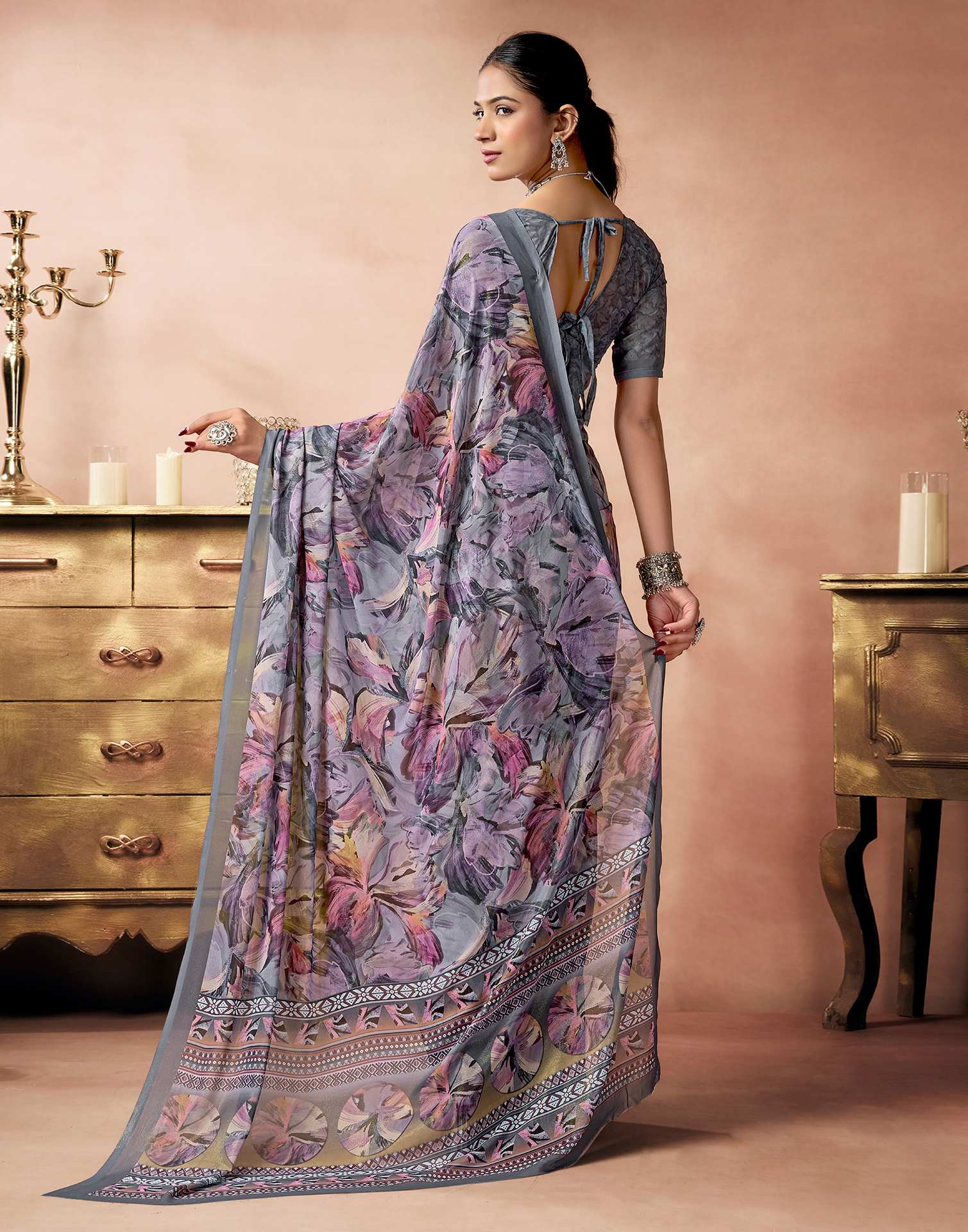 Grey Georgette Printed Saree - Image 7