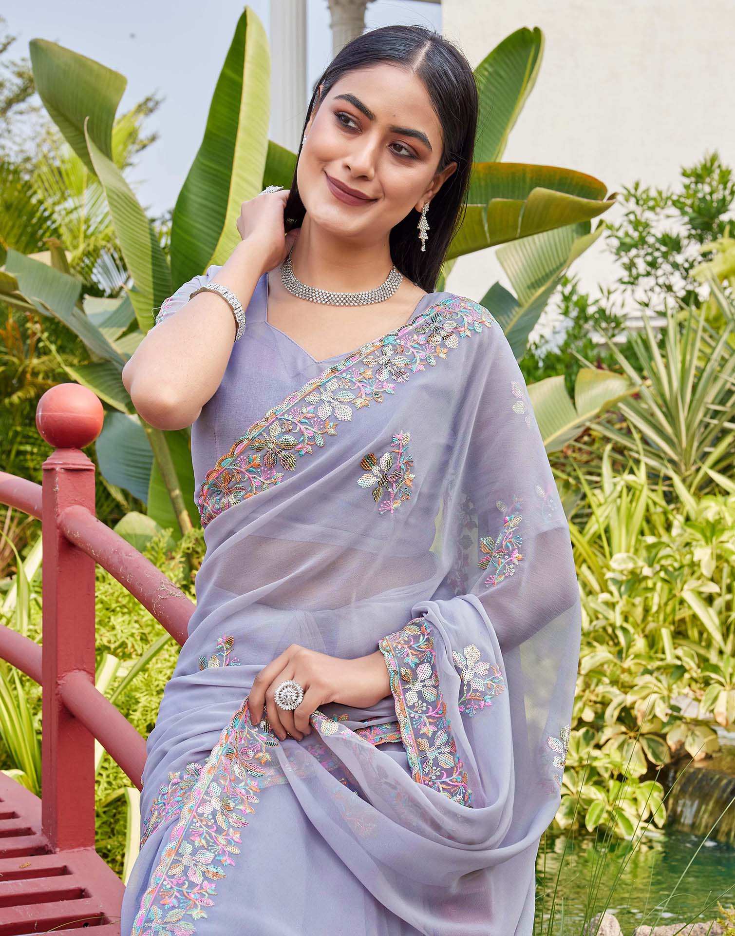 Grey Georgette Sequence Embroidery Saree - Image 2