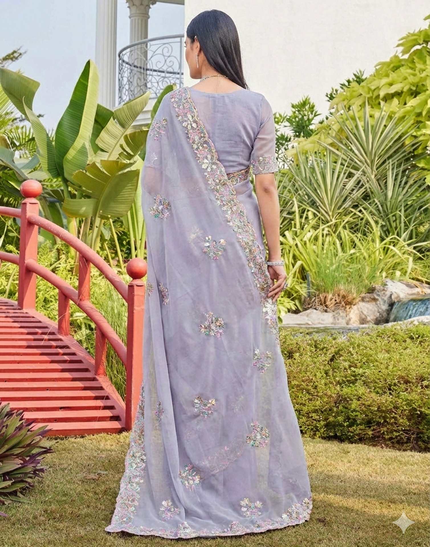 Grey Georgette Sequence Embroidery Saree - Image 6