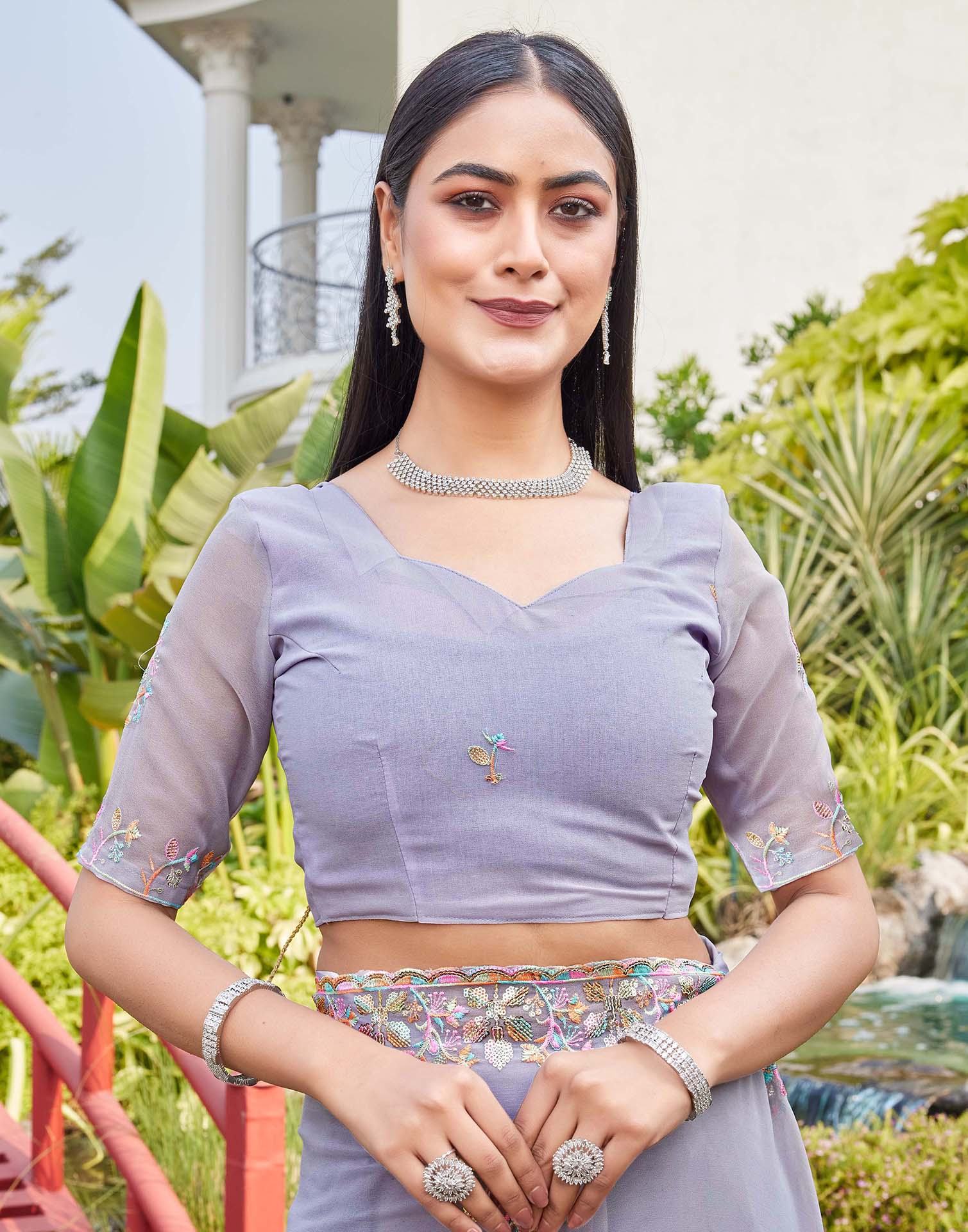 Grey Georgette Sequence Embroidery Saree - Image 9