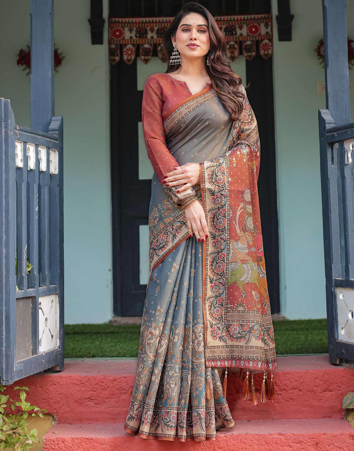 Grey Linen Kalamkari Saree - Image 5