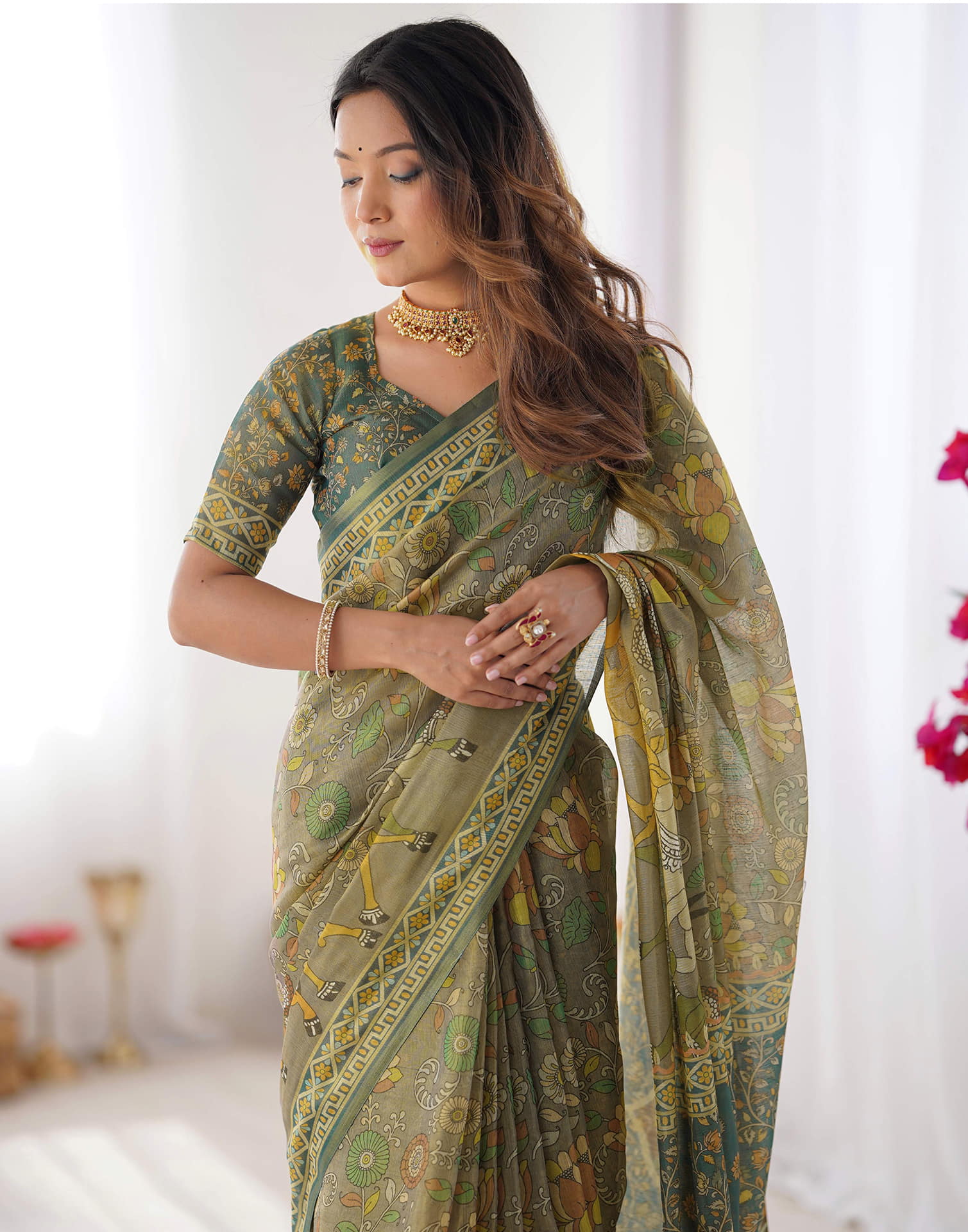 Grey Linen Kalamkari Saree - Image 2