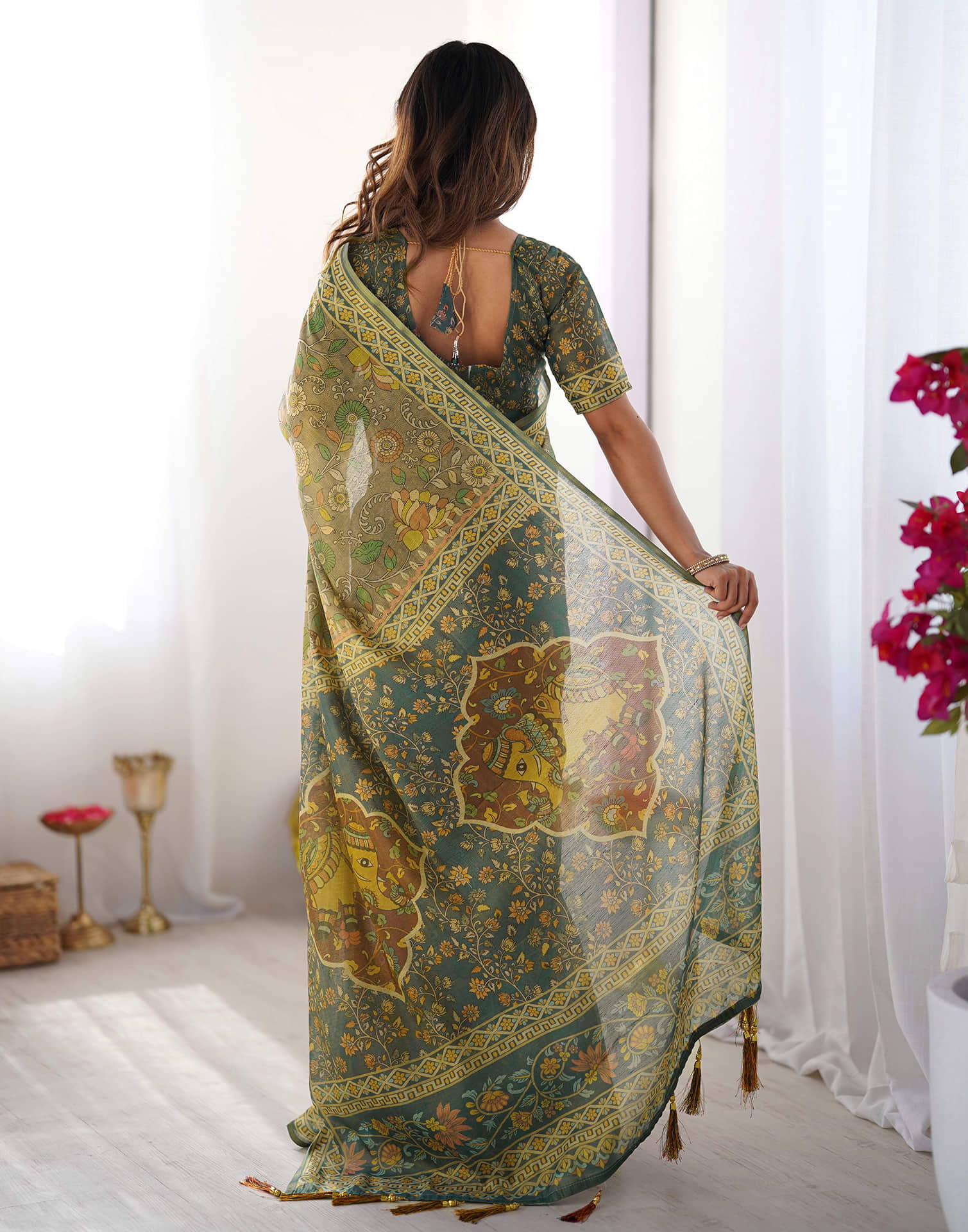 Grey Linen Kalamkari Saree - Image 5