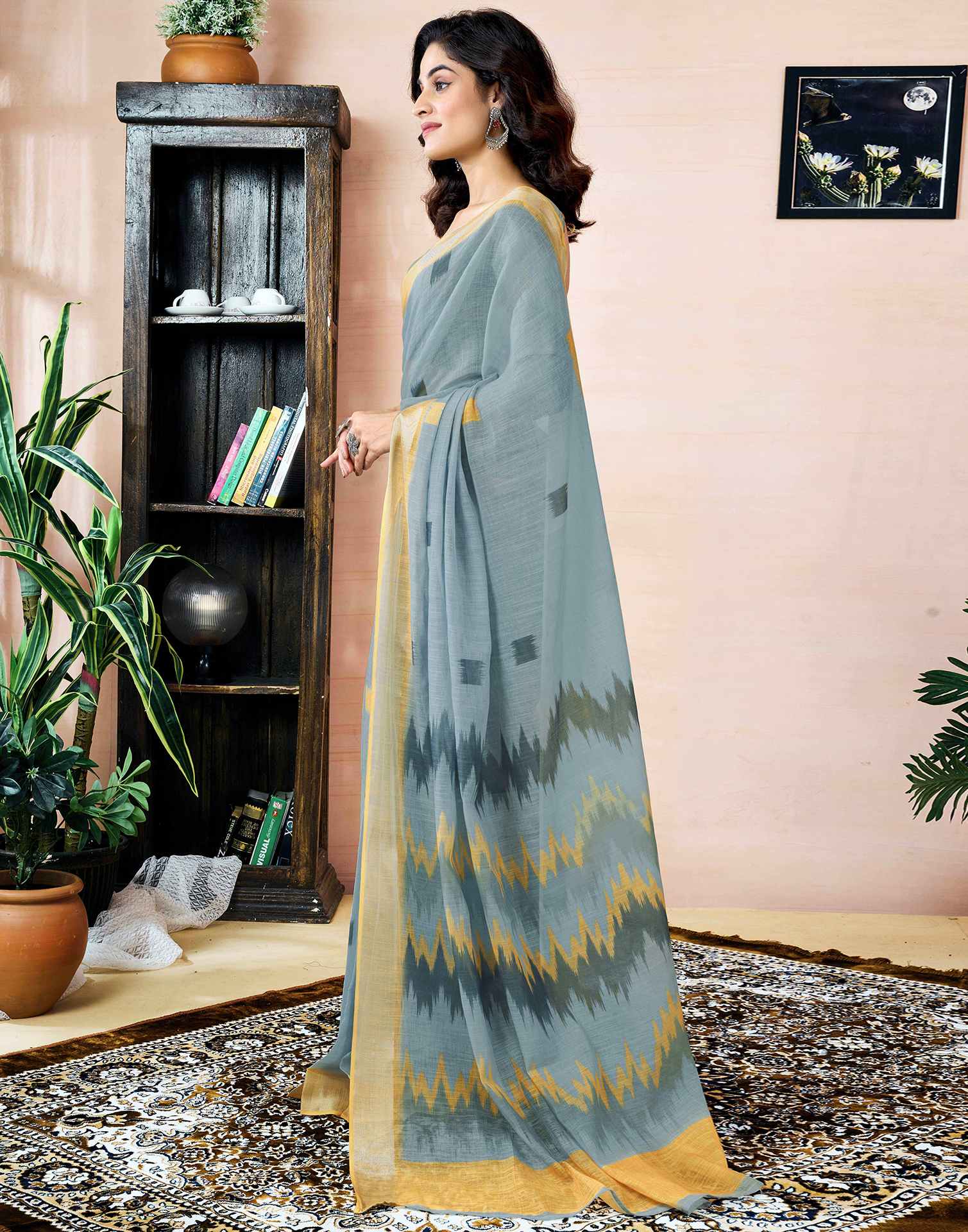 Ready To Wear Grey Linen Printed Saree With Pocket - Image 6
