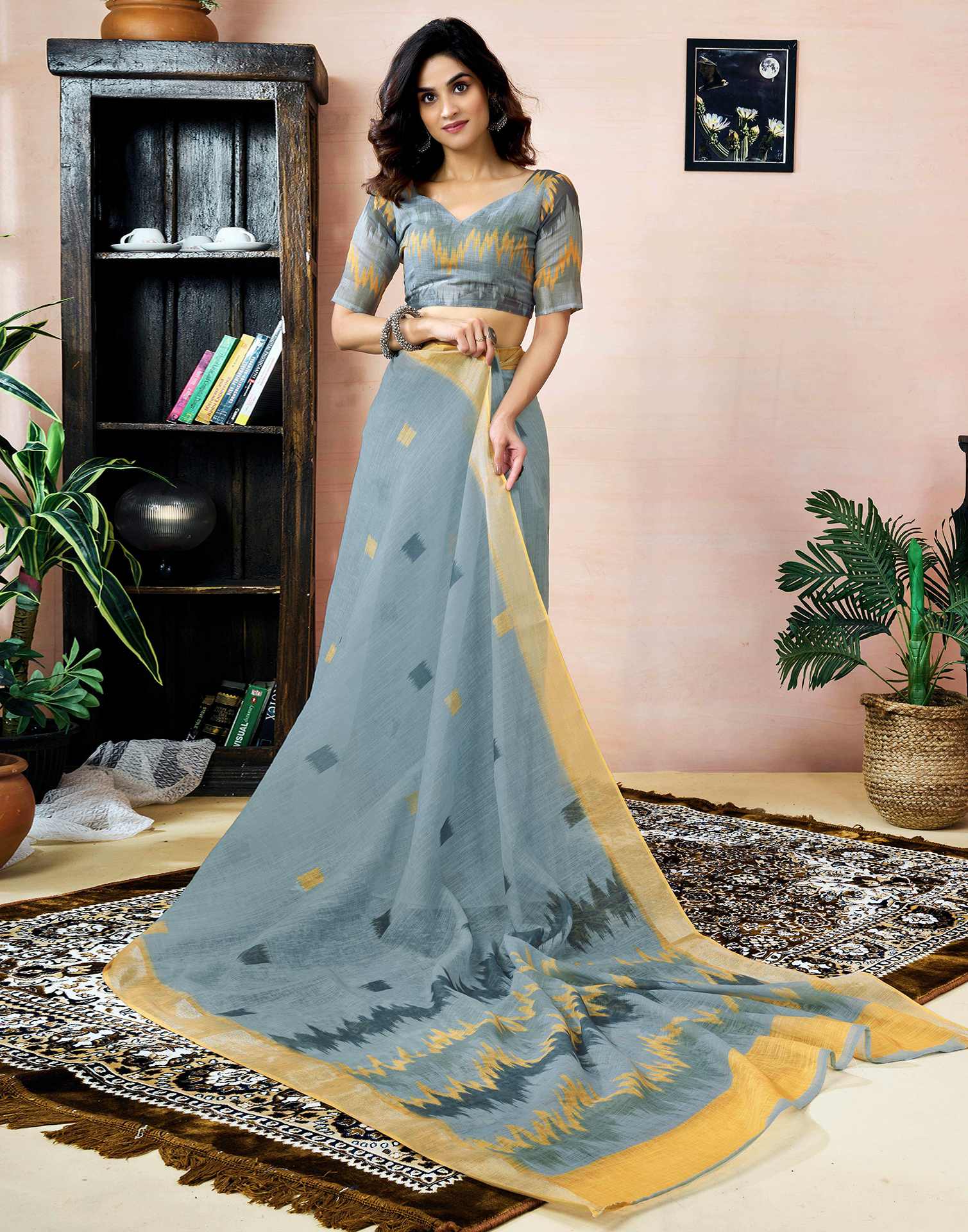 Ready To Wear Grey Linen Printed Saree With Pocket - Image 8