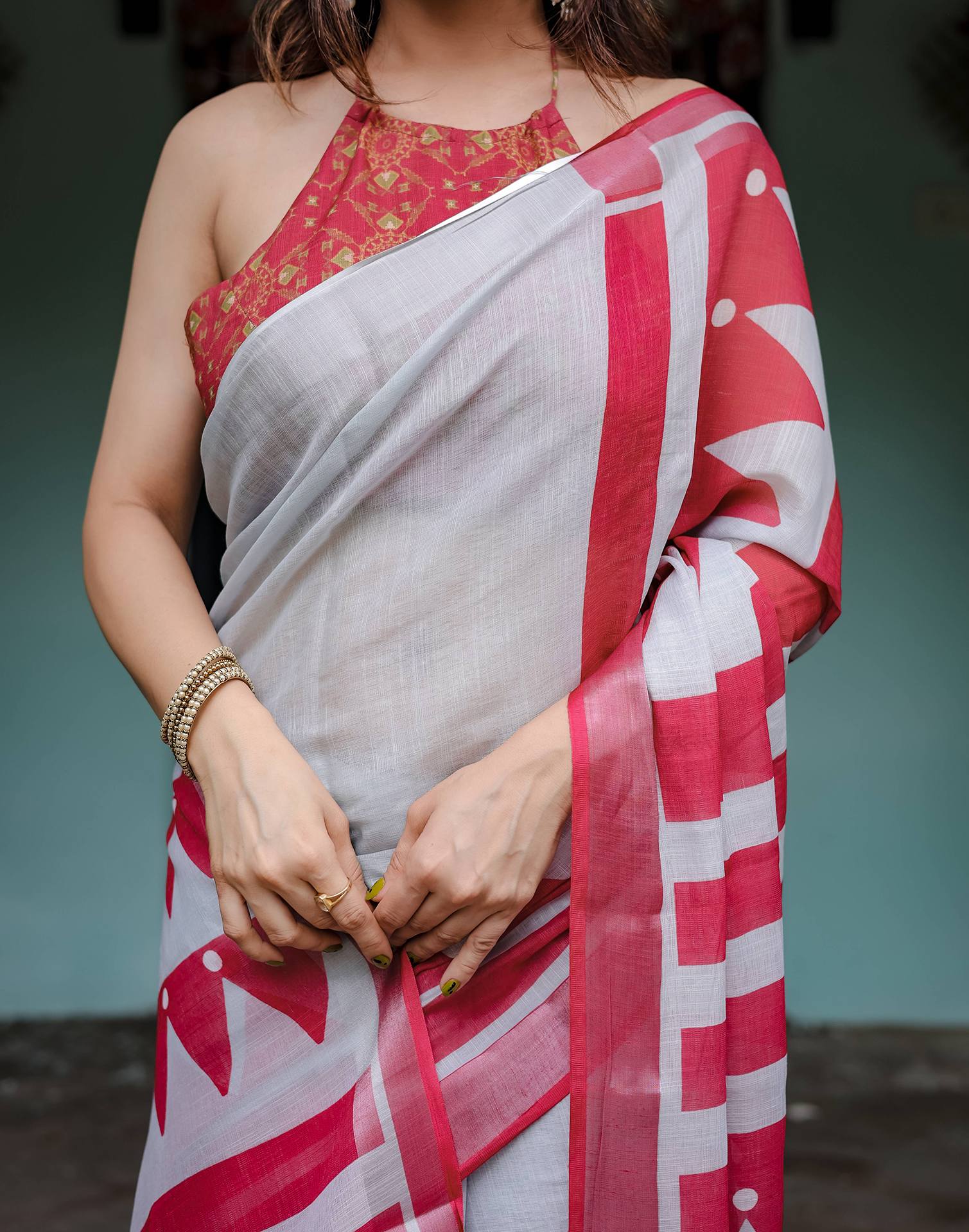 Grey Linen Printed Saree - Image 7