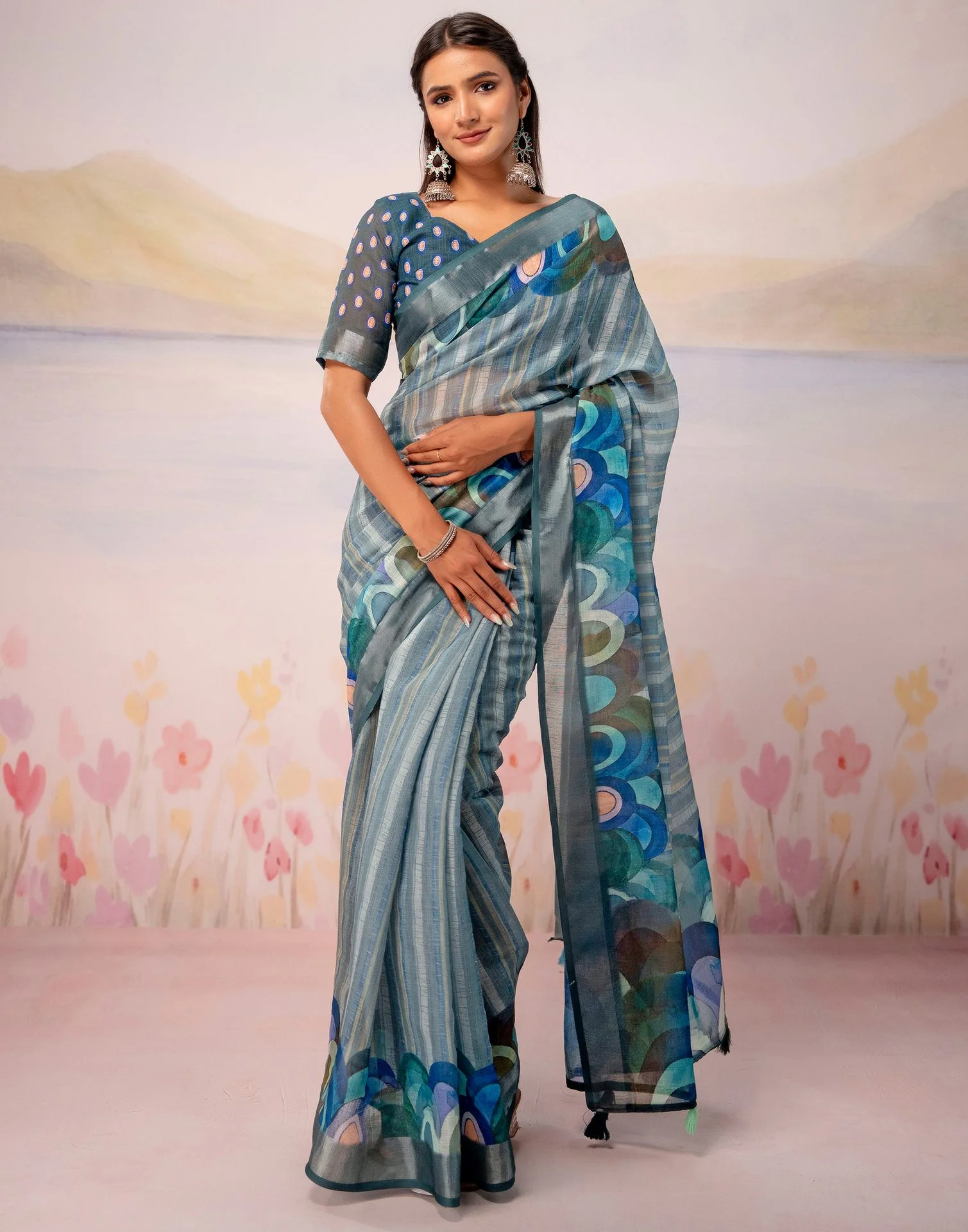 Grey Linen Printed Zari Border Saree