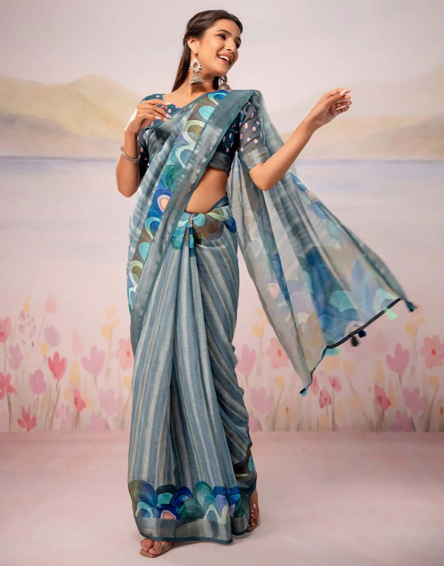 Grey Linen Printed Zari Border Saree - Image 11