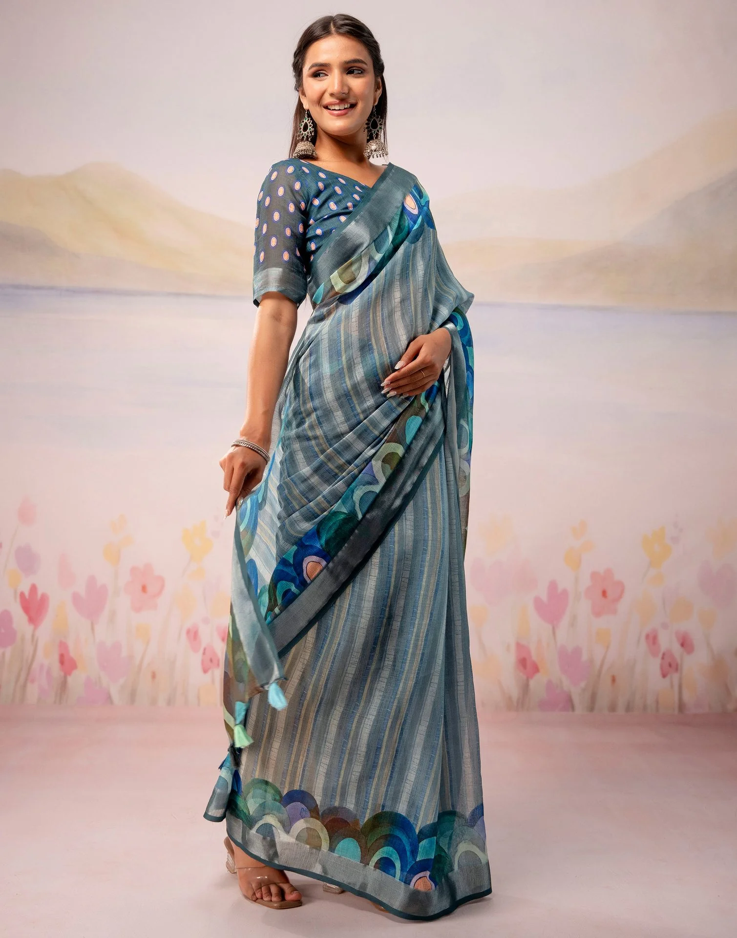 Grey Linen Printed Zari Border Saree - Image 7