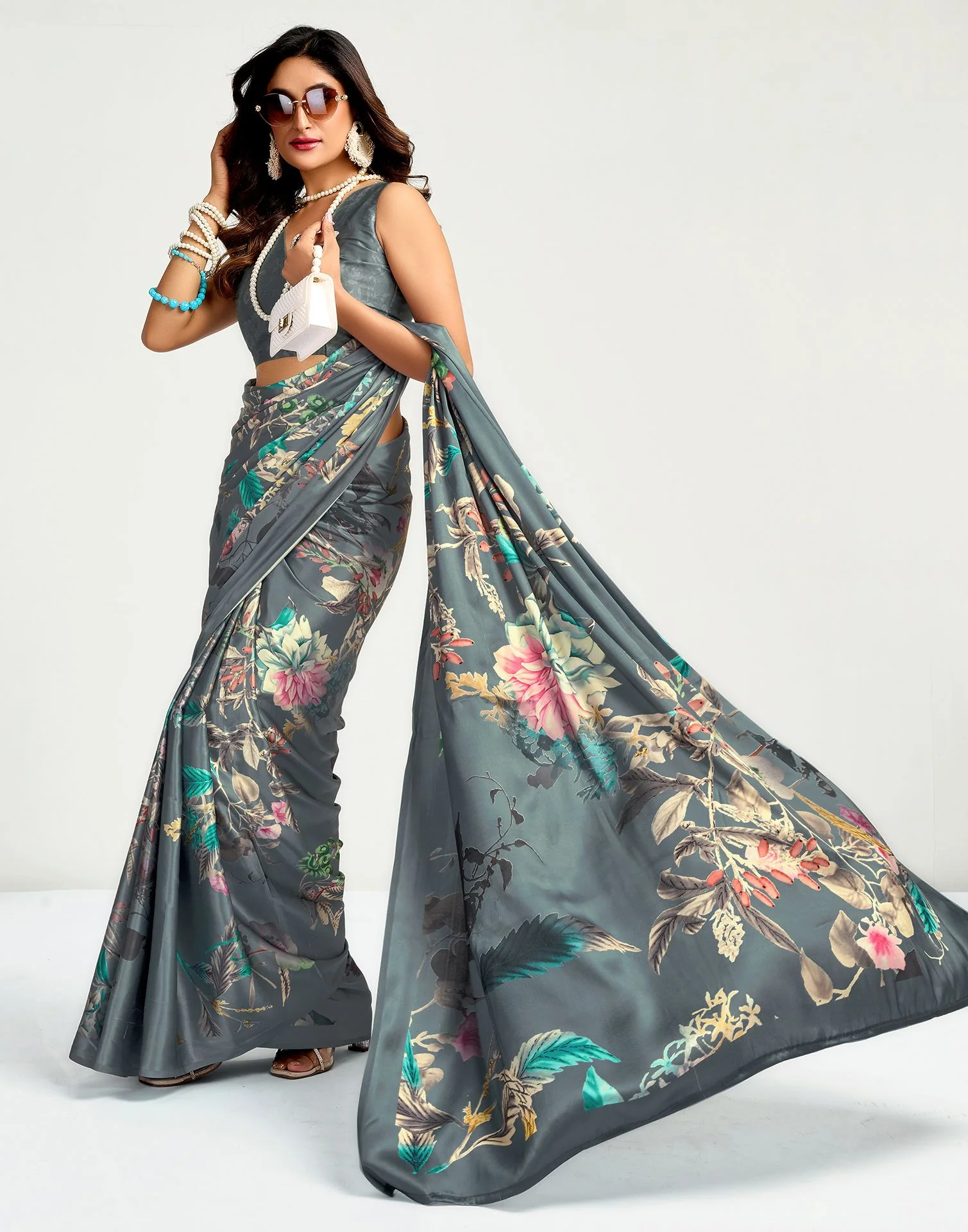 Grey Satin Floral Printed Saree - Image 4