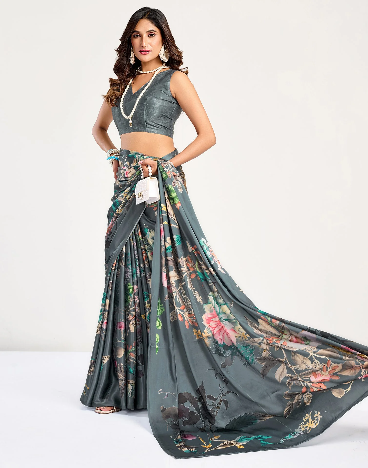Grey Satin Floral Printed Saree - Image 5