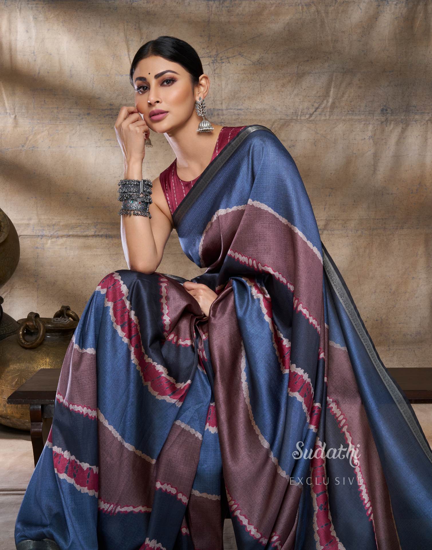 Mouni Roy Rusty Grey Terracotta Silk Saree