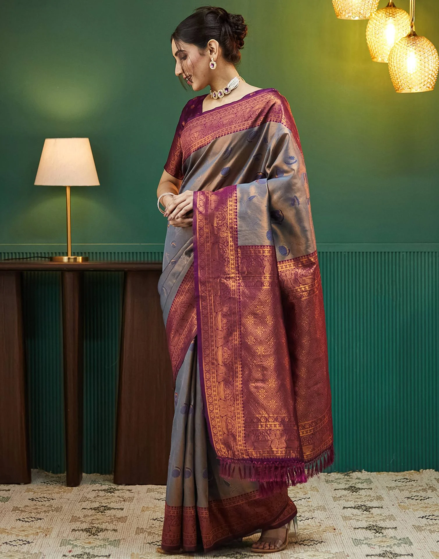 Grey Silk Woven Banarasi Saree - Image 2