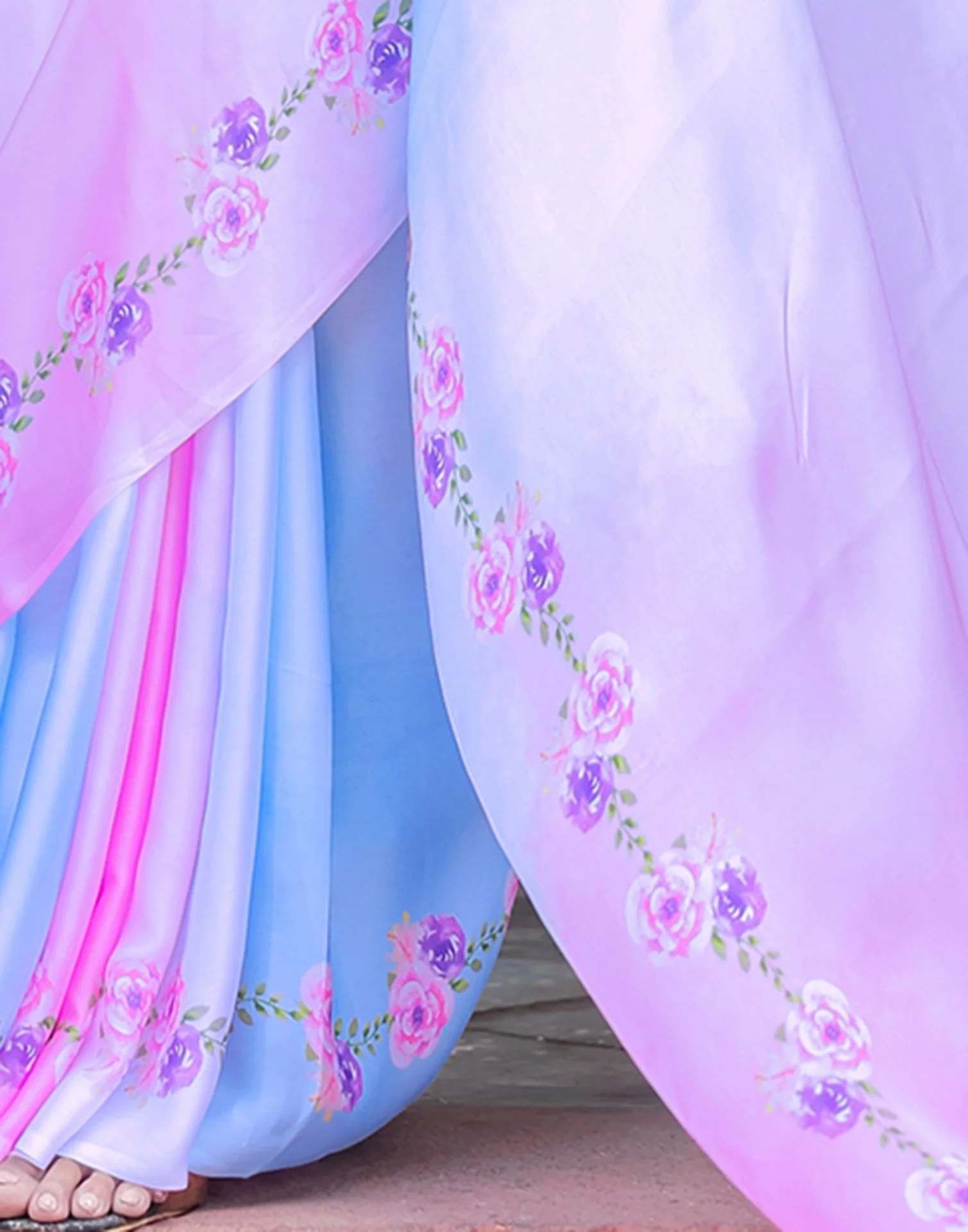 Handsfree Baby Pink Satin Floral Printed Saree - Image 10