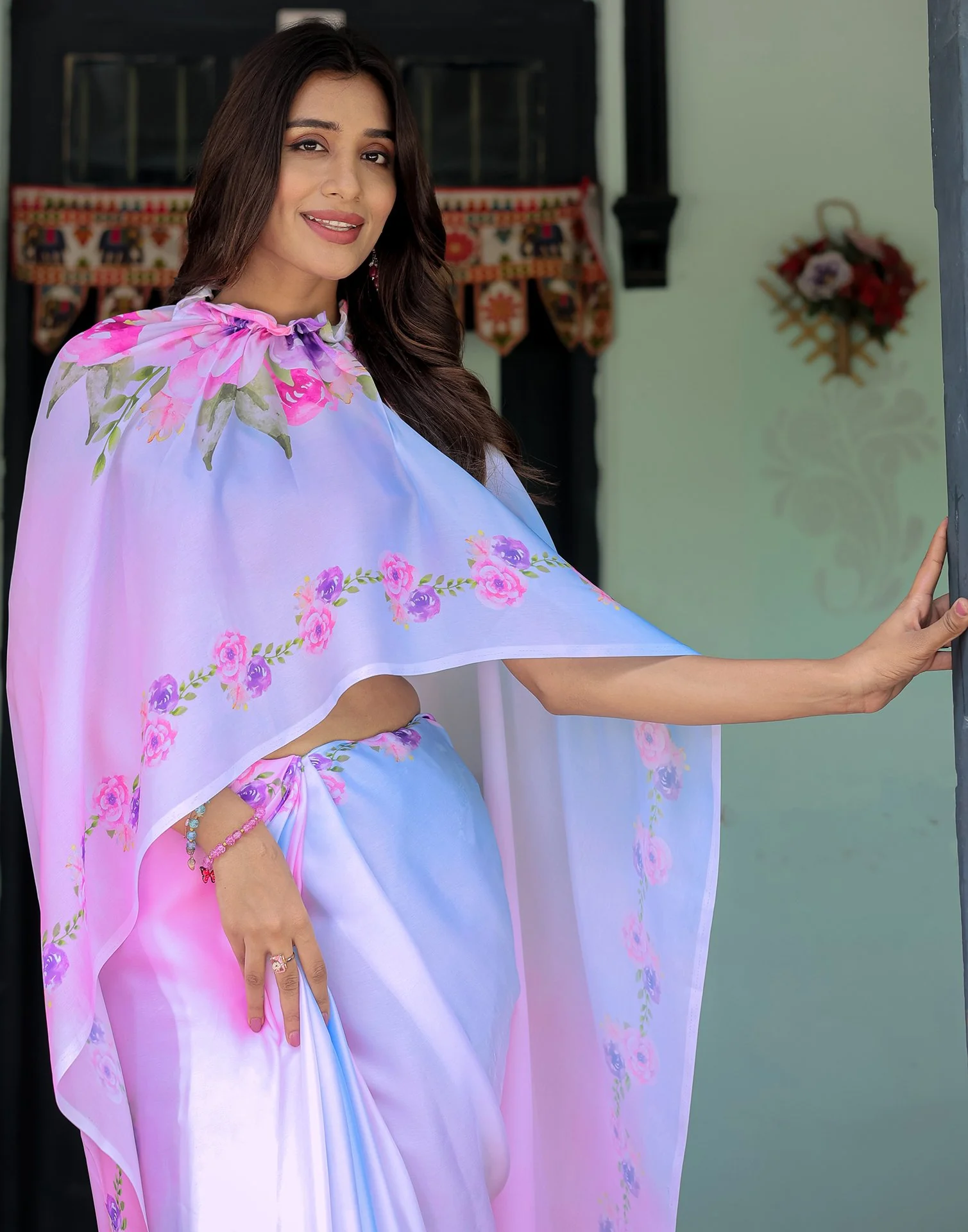 Handsfree Baby Pink Satin Floral Printed Saree - Image 2