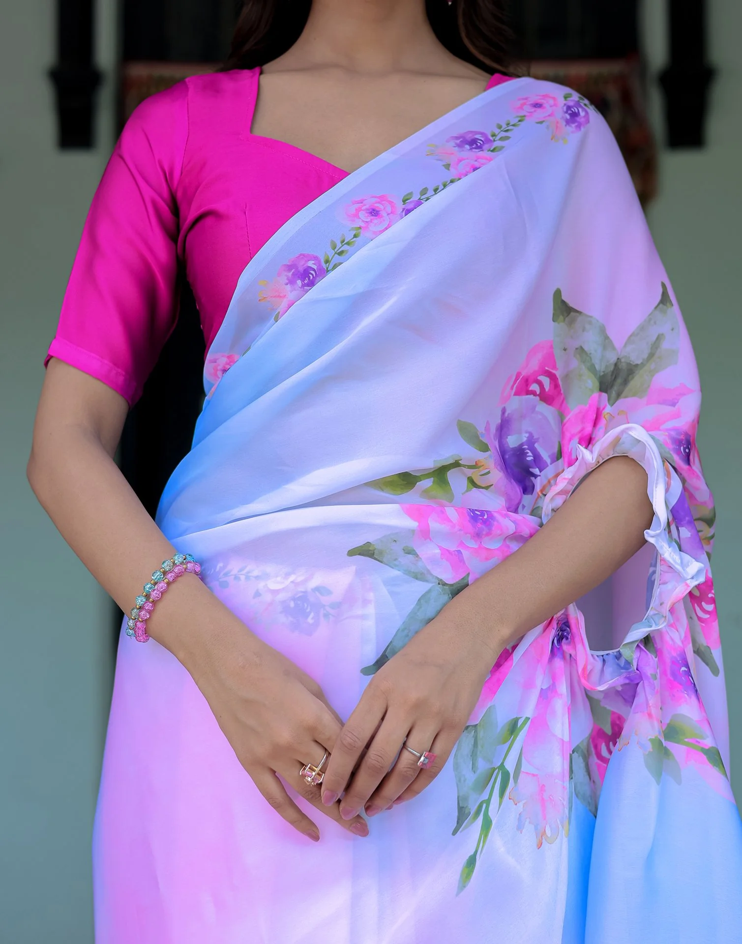 Handsfree Baby Pink Satin Floral Printed Saree - Image 4