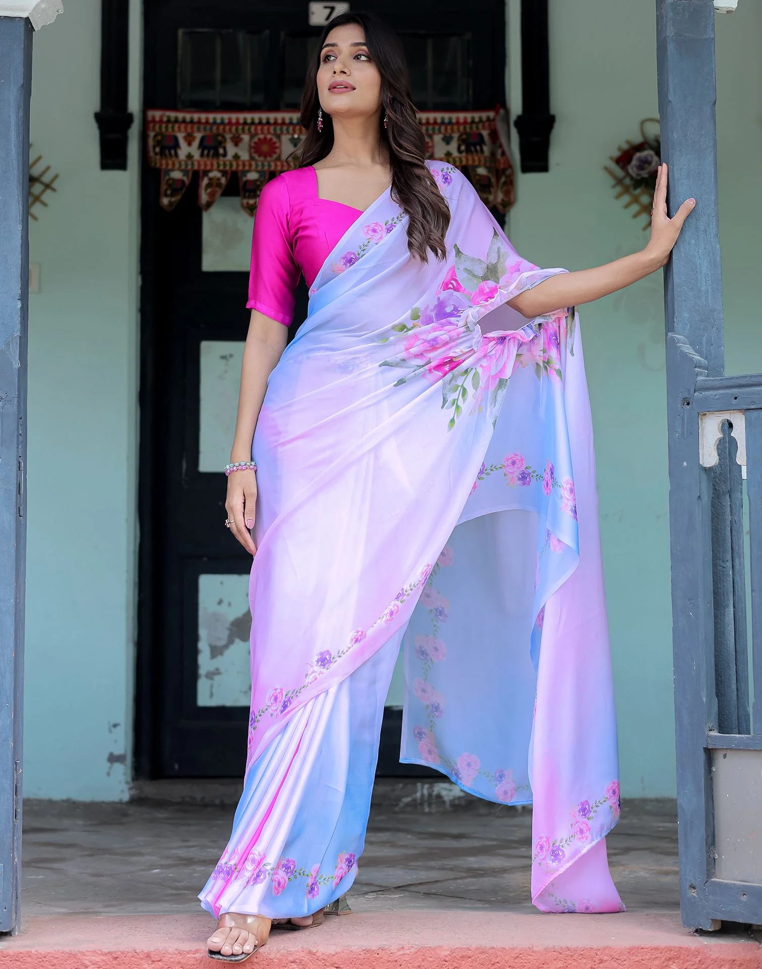 Handsfree Baby Pink Satin Floral Printed Saree - Image 9