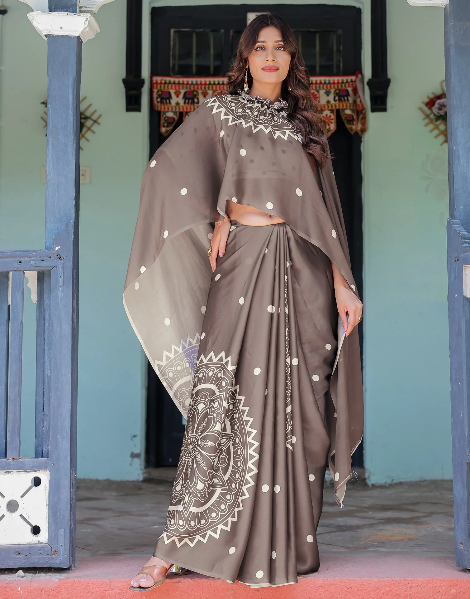 Handsfree Dark Brown Satin Printed Saree - Image 7