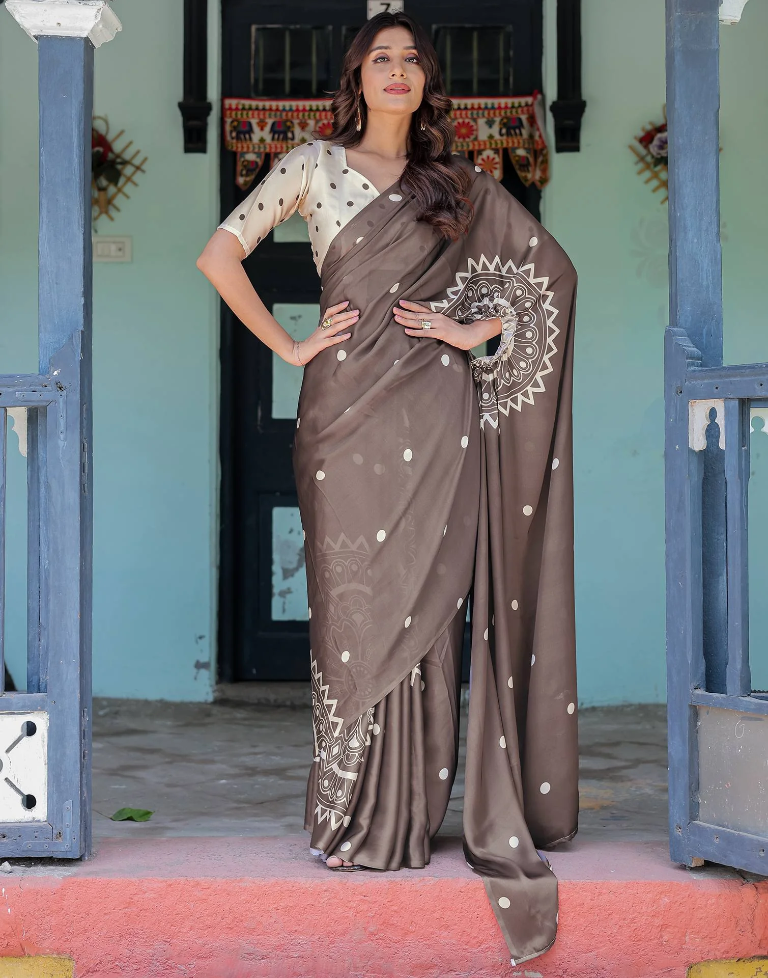 Handsfree Dark Brown Satin Printed Saree - Image 8