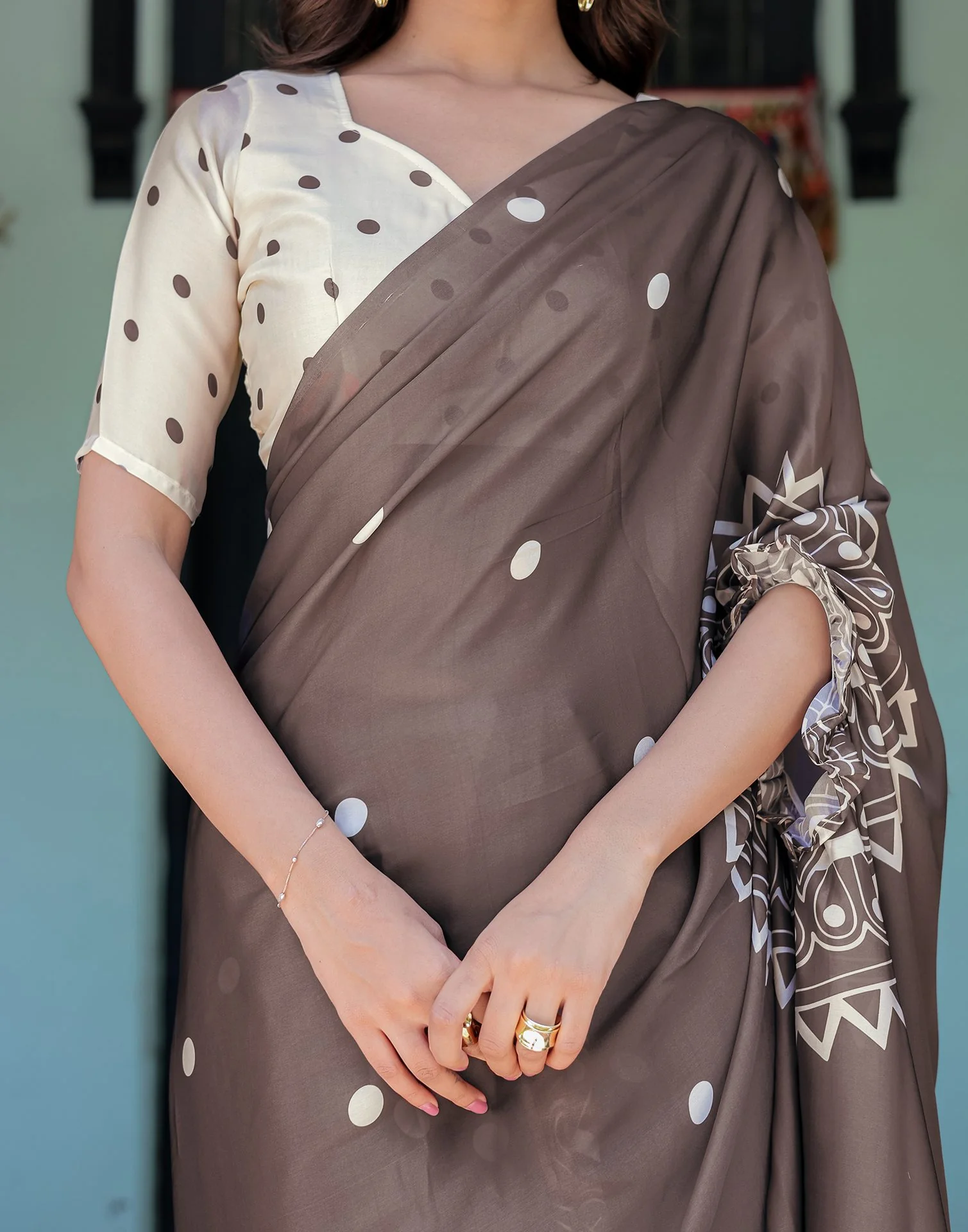 Handsfree Dark Brown Satin Printed Saree - Image 9
