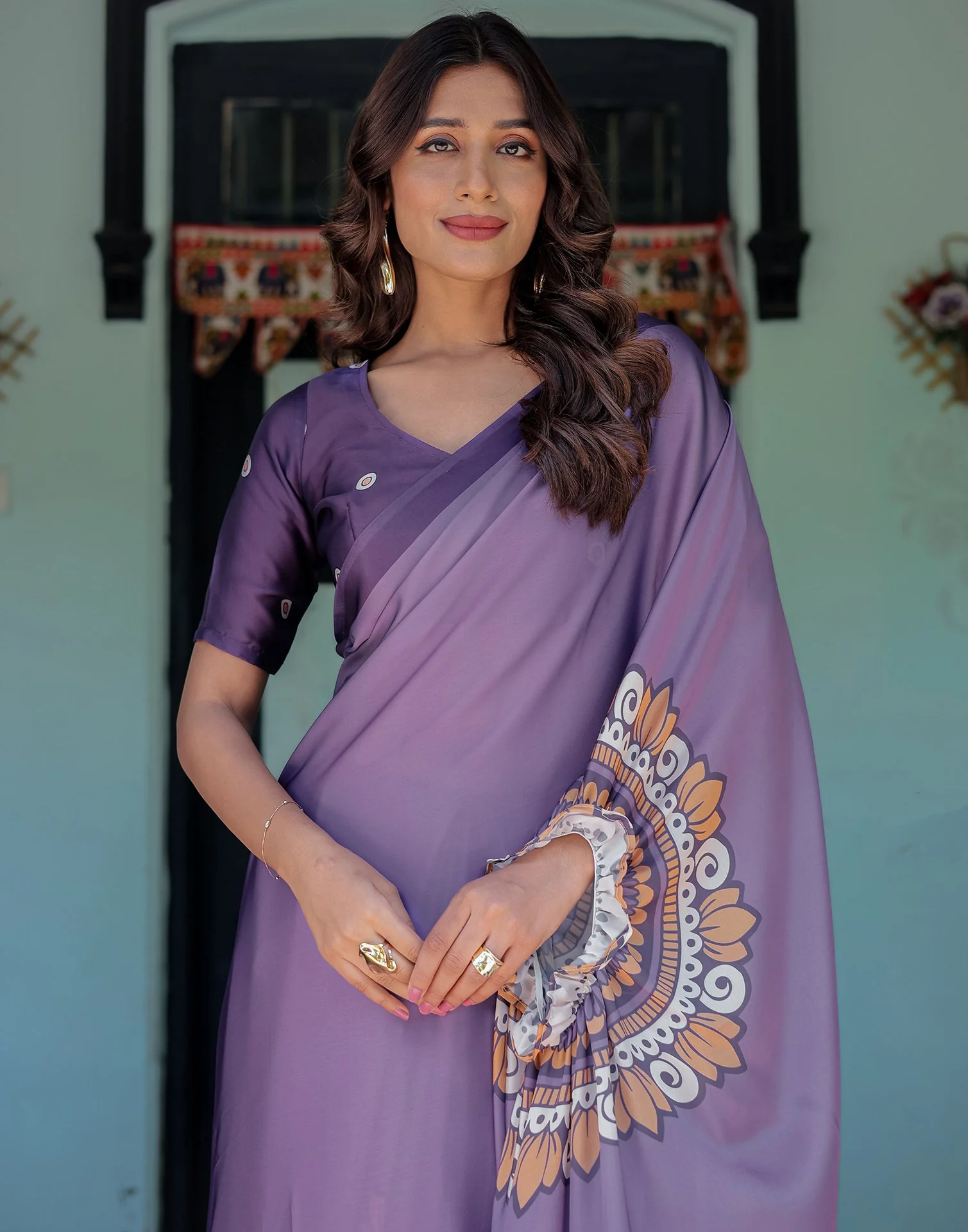 Handsfree Dusty Purple Satin Printed Saree - Image 2