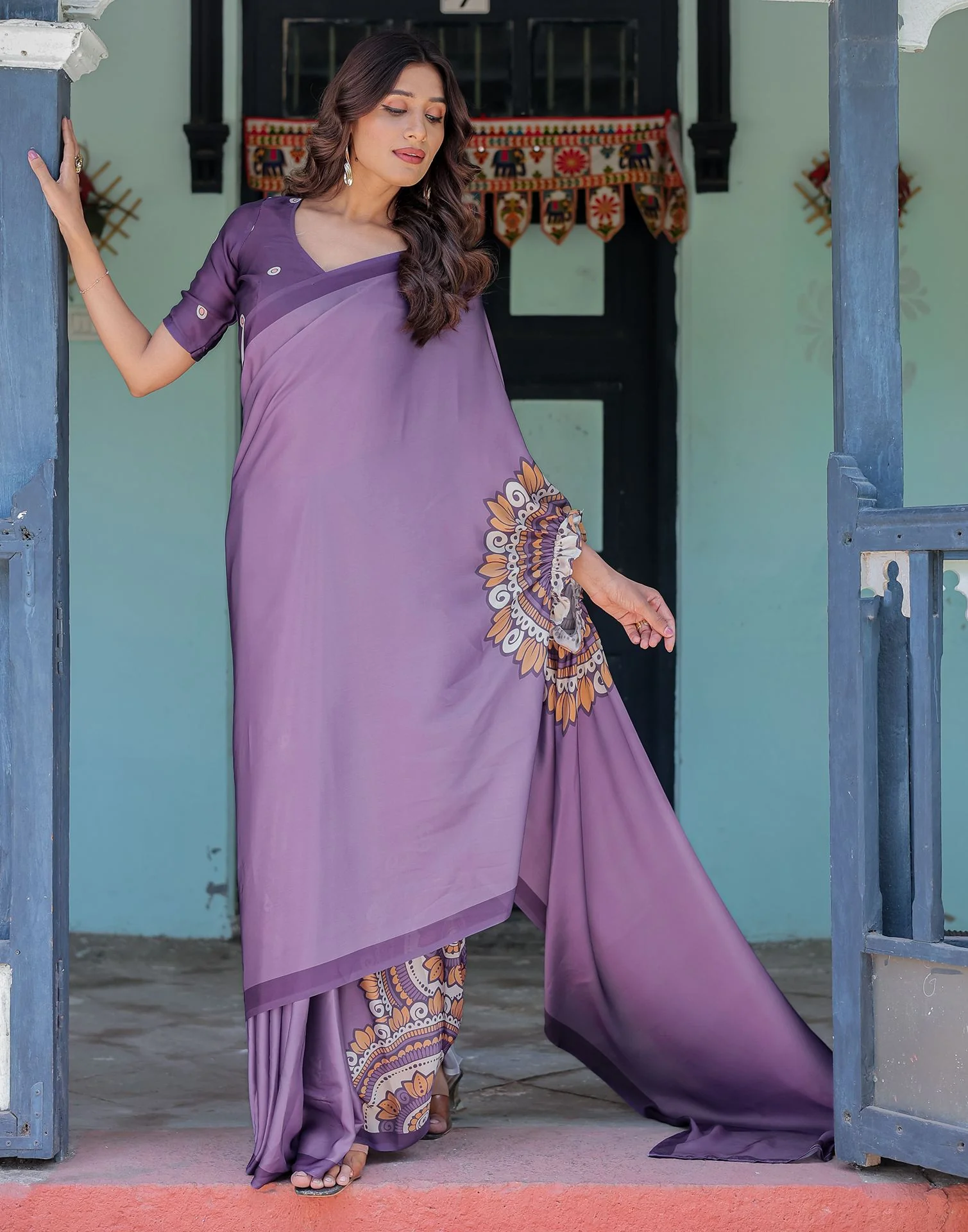 Handsfree Dusty Purple Satin Printed Saree - Image 4