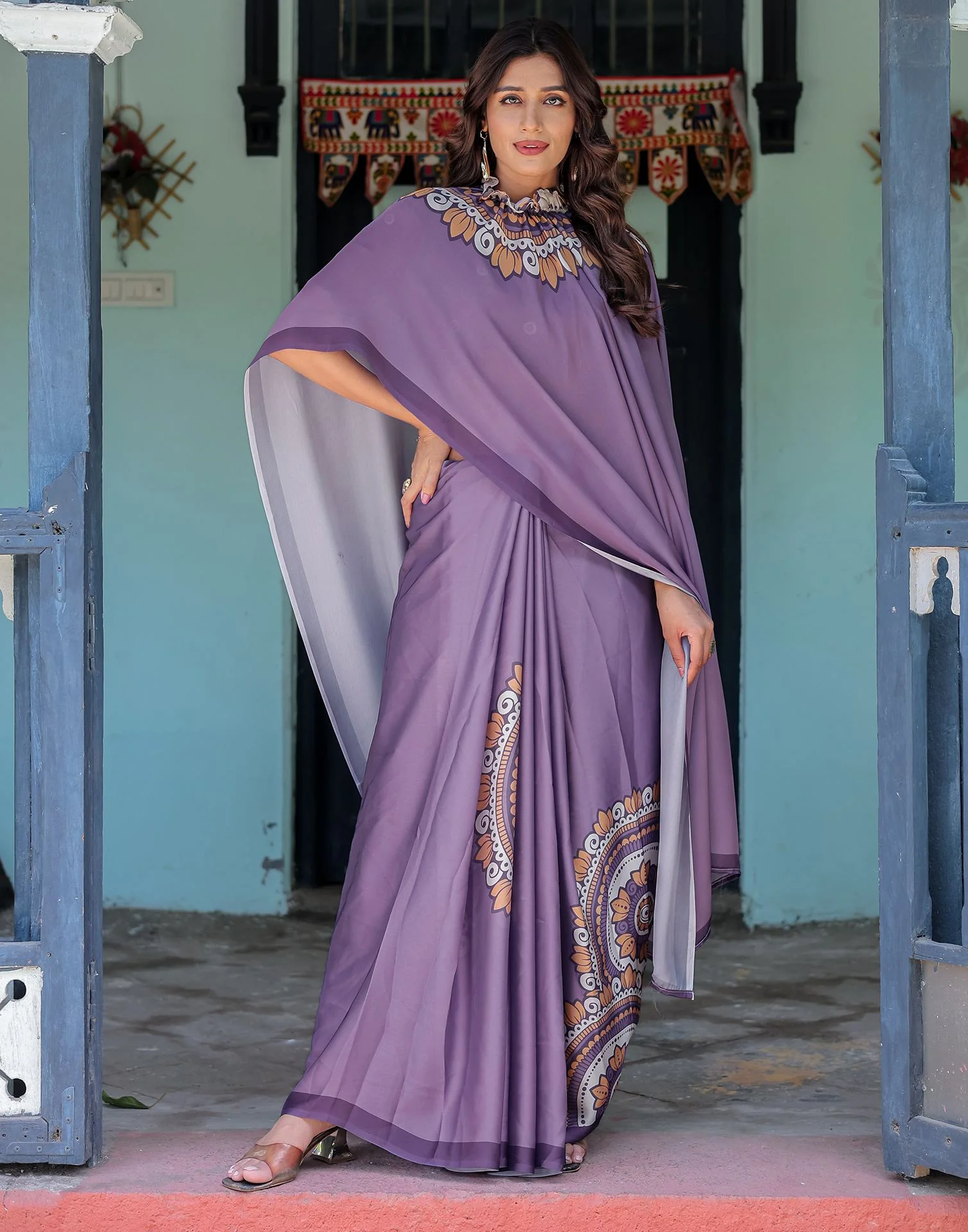 Handsfree Dusty Purple Satin Printed Saree - Image 5