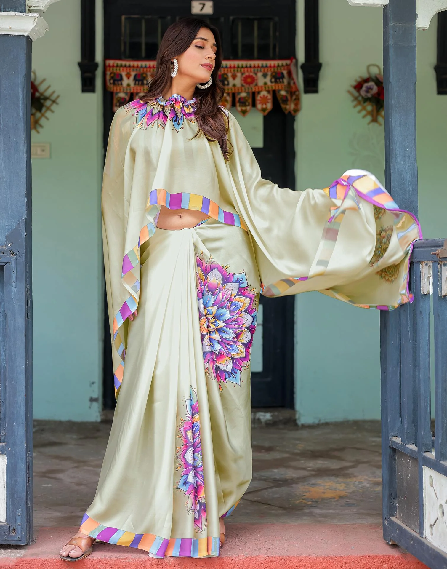 Handsfree Off White Satin Printed Saree - Image 6