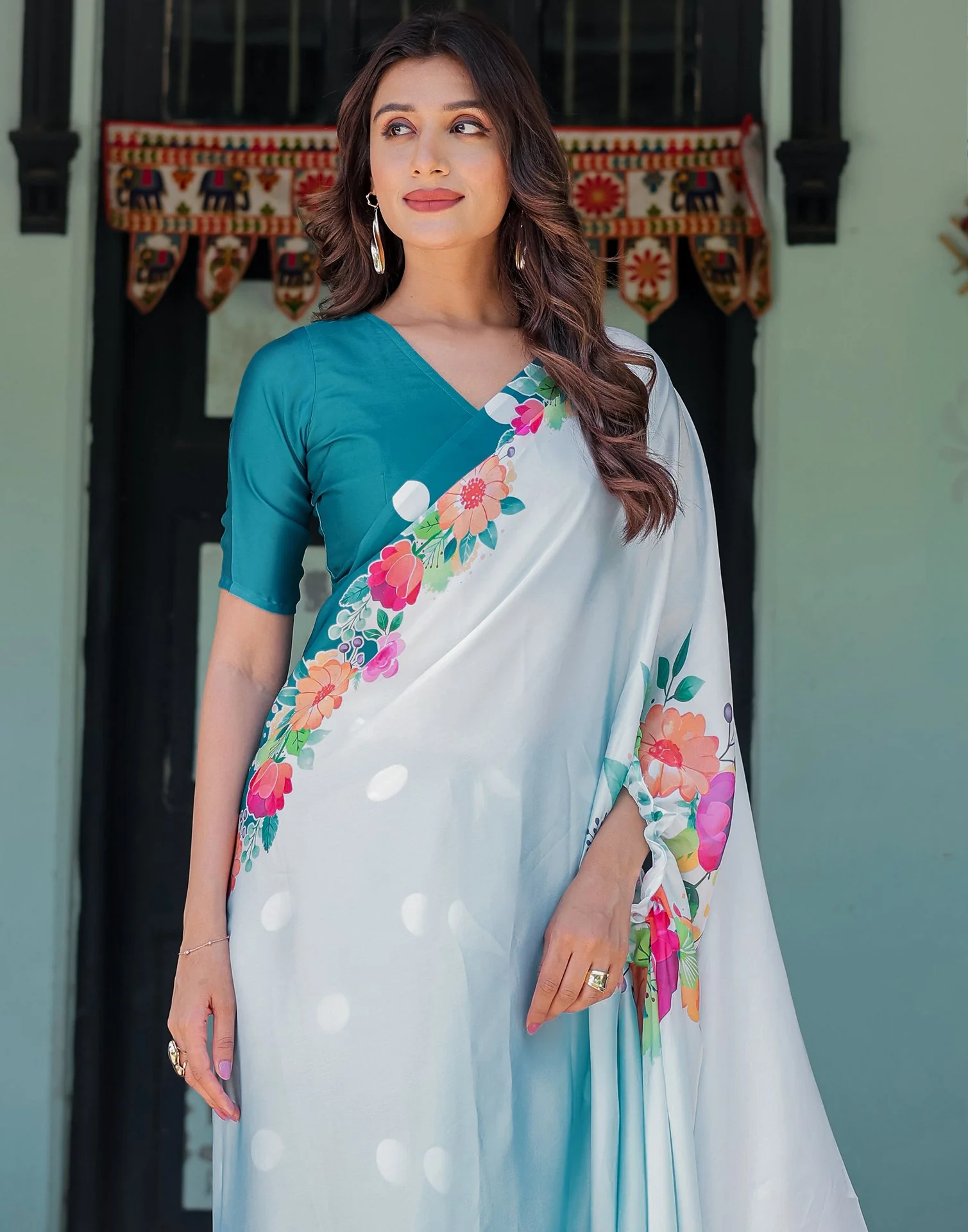 Handsfree Sky Blue Satin Floral Printed Saree - Image 2