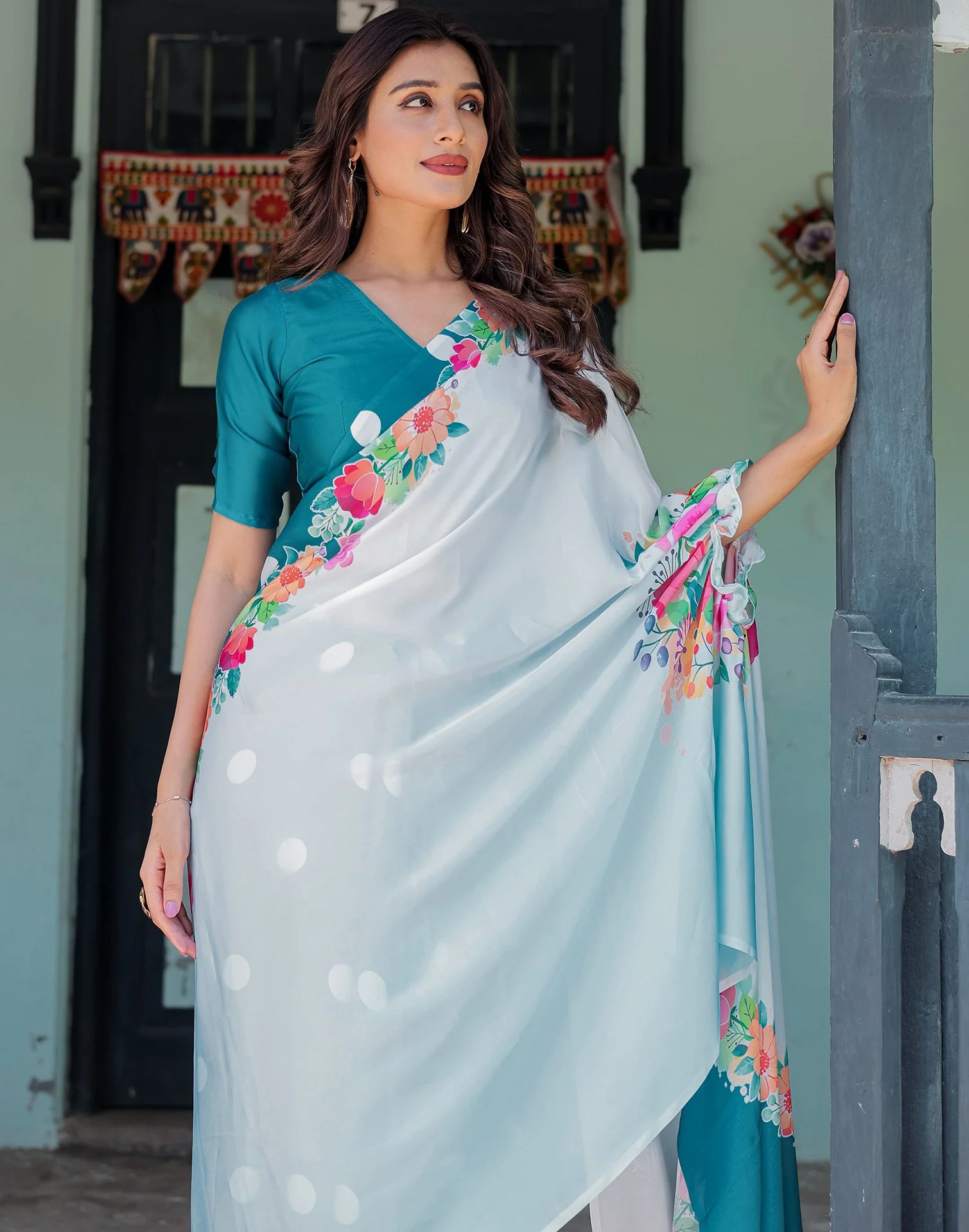 Handsfree Sky Blue Satin Floral Printed Saree - Image 4