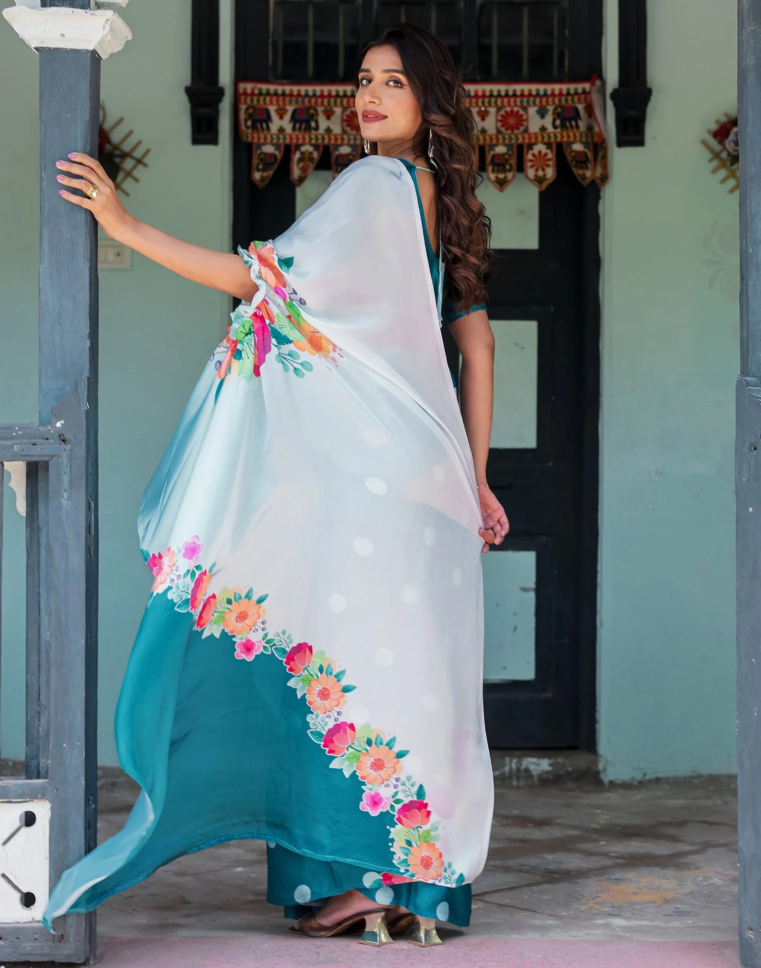 Handsfree Sky Blue Satin Floral Printed Saree - Image 5