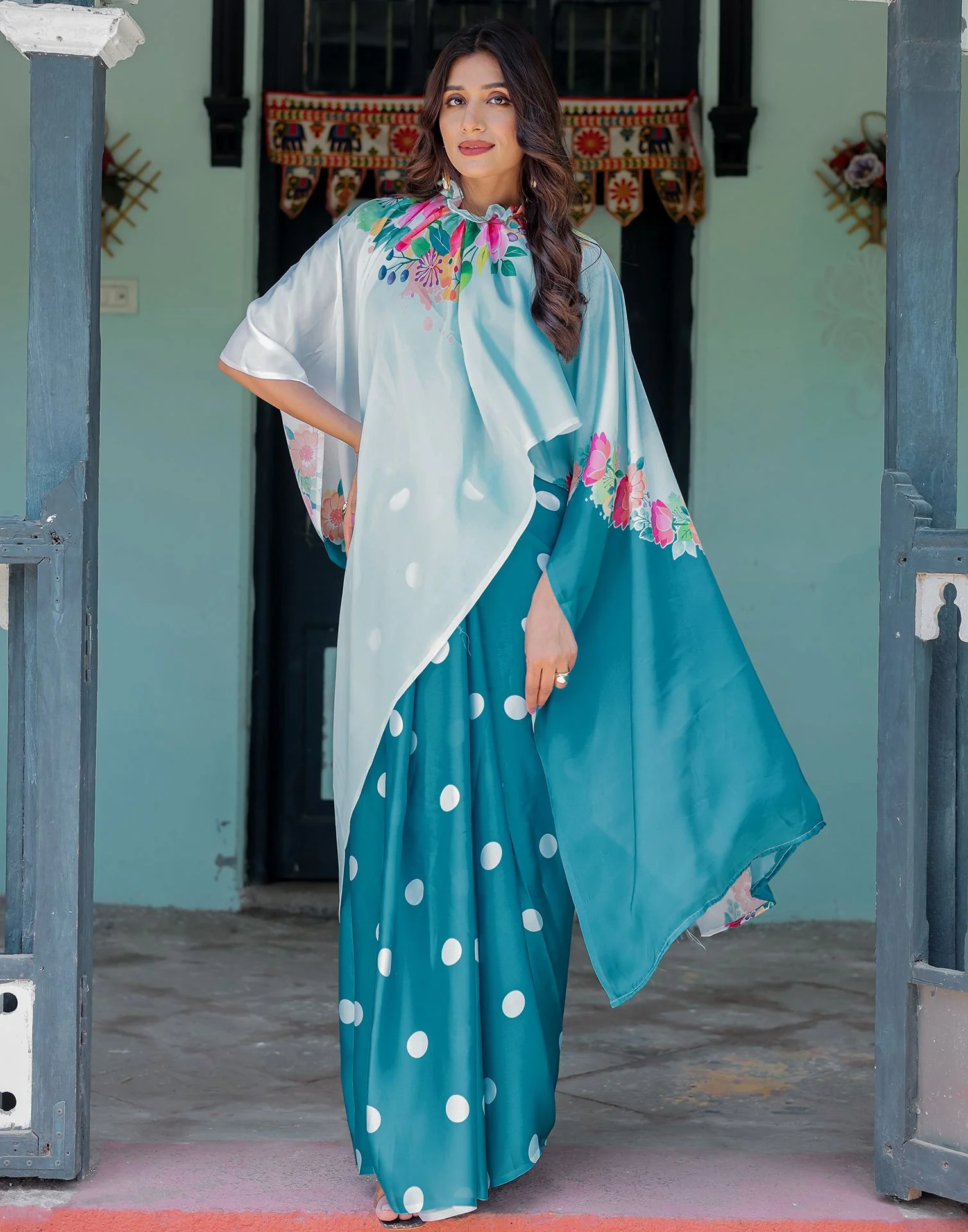 Handsfree Sky Blue Satin Floral Printed Saree - Image 6