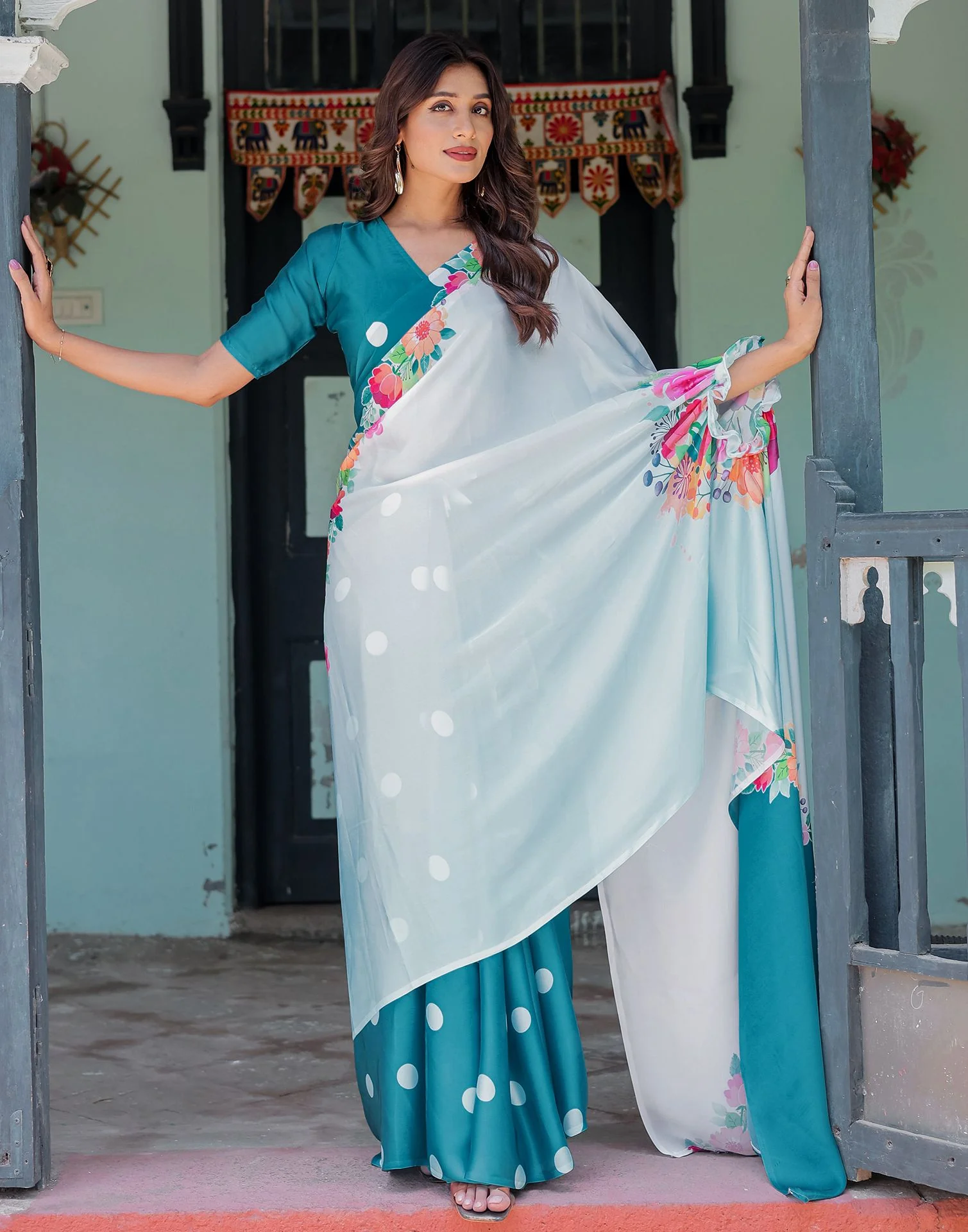 Handsfree Sky Blue Satin Floral Printed Saree - Image 7