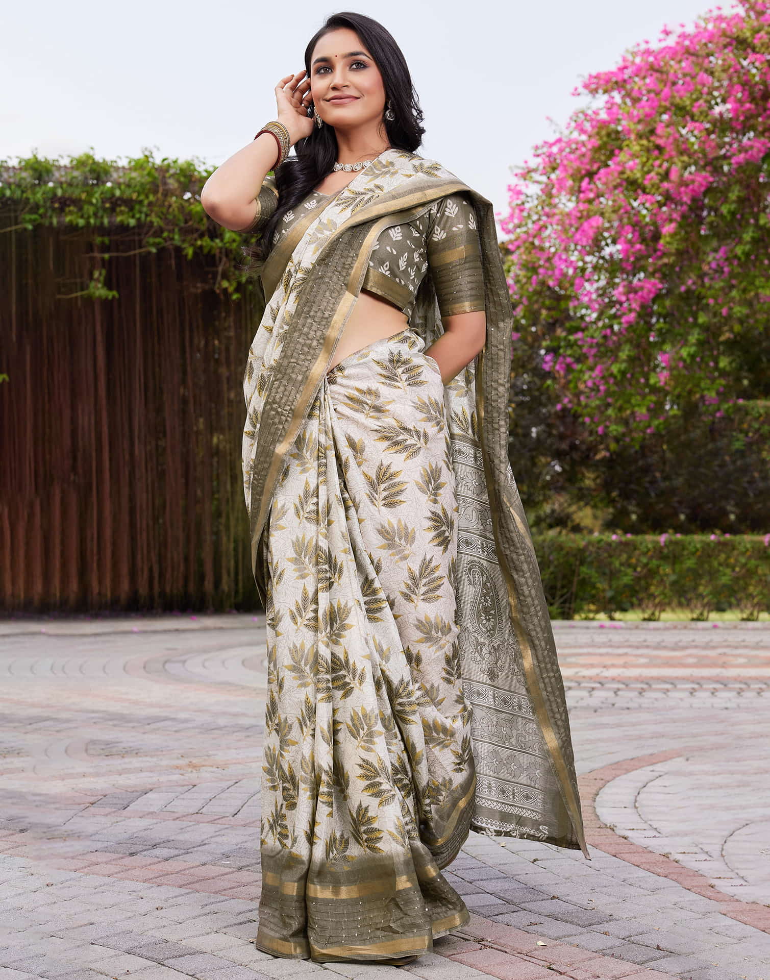 Khaki Chanderi Printed Saree - Image 8