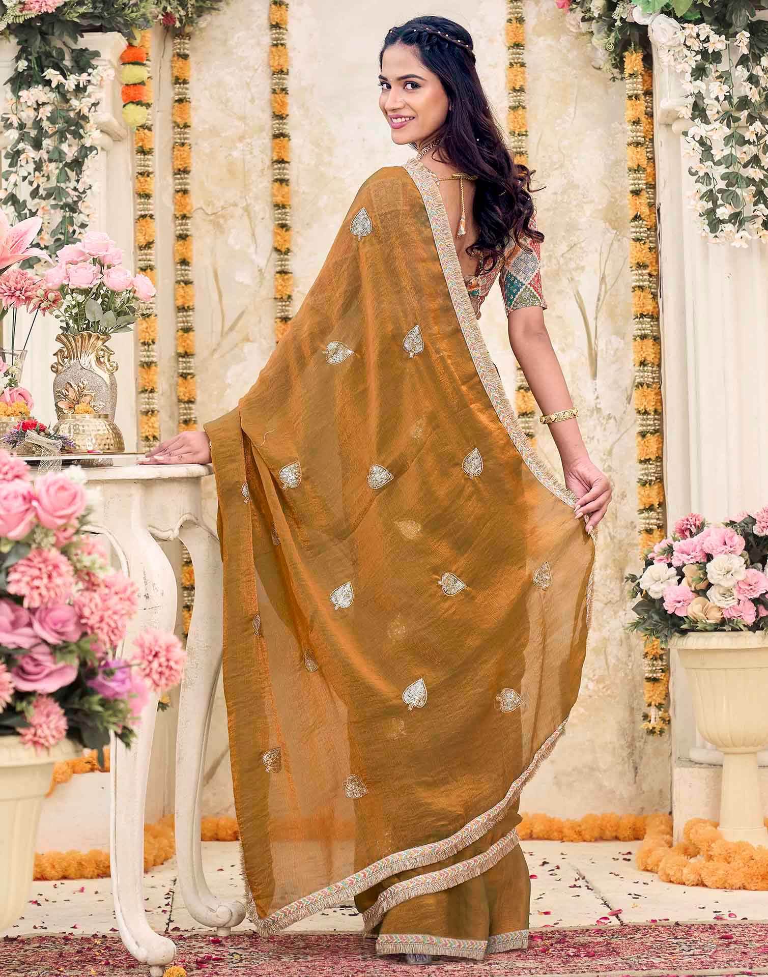 Khaki Shimmer Sequence Embroidery Saree - Image 6