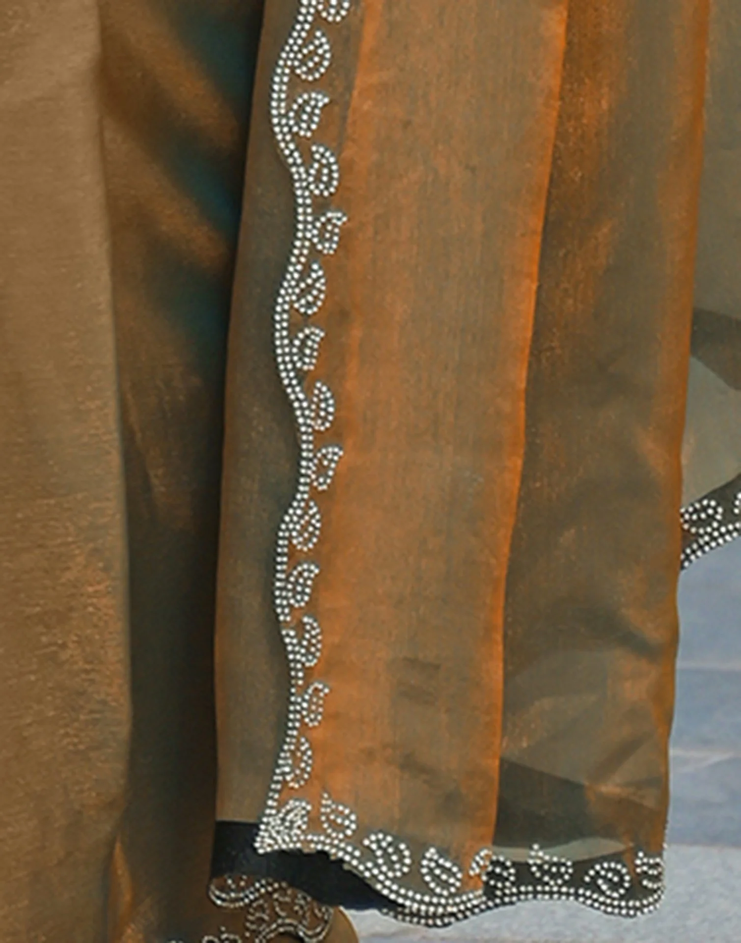 Khaki Shimmer Stone Work Embellished Saree - Image 11