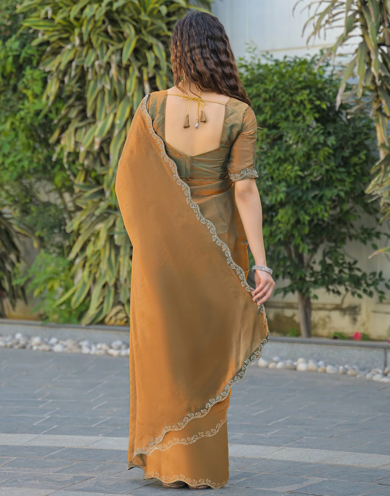 Khaki Shimmer Stone Work Embellished Saree - Image 7